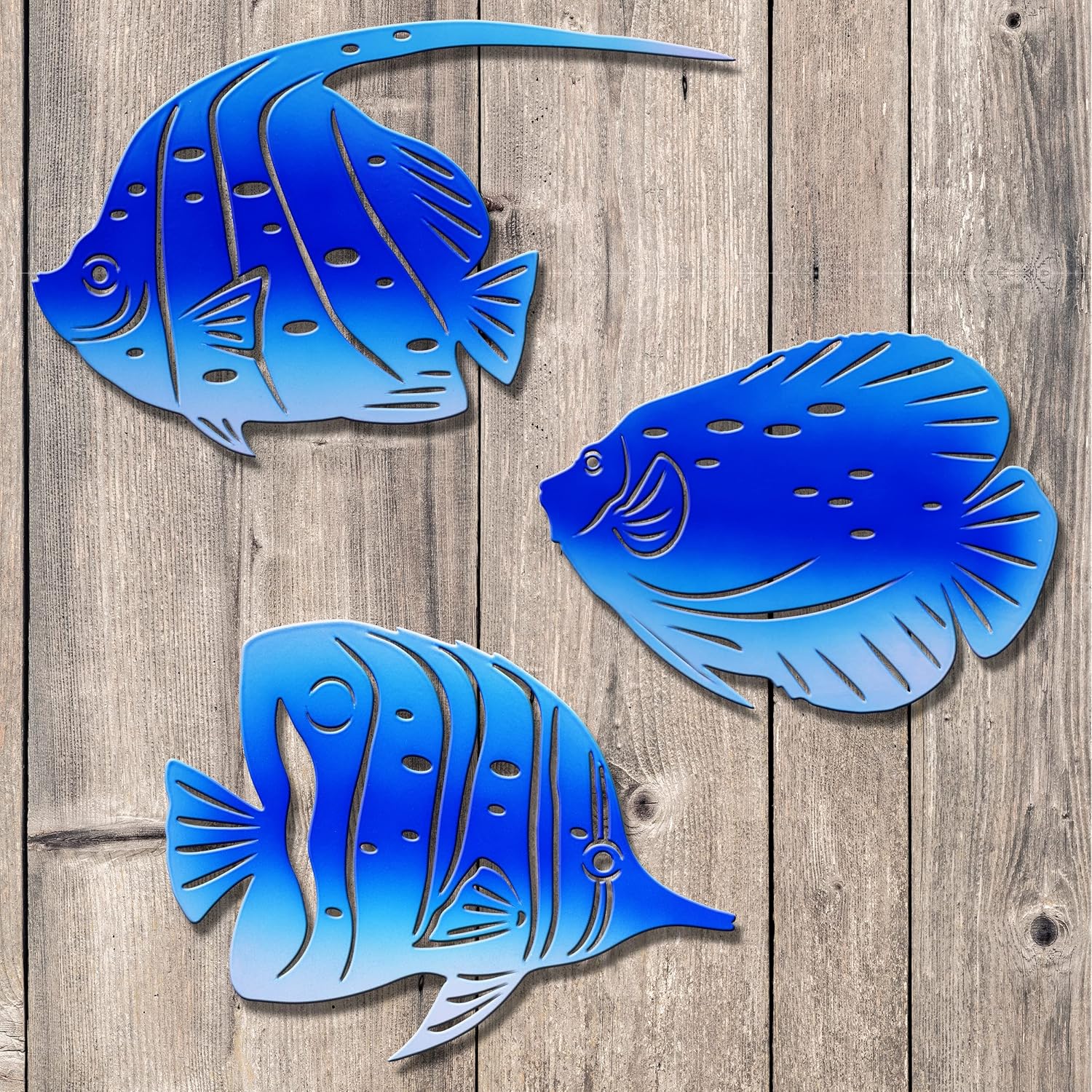 sea wall art decor tropical fish metal hanging decorations for bathroom beach indoor outdoor ocean pool coastal patio home office Bedroom living room blue 3 set, 9 inch, family gifts Rays
