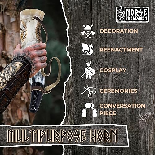 Miniatura 9 de Norse Tradesman Viking War - Placa decorativa de latón Mjolnir de 12 pulgadas con trompeta de batalla hecha de auténtico cuerno de buey premium,