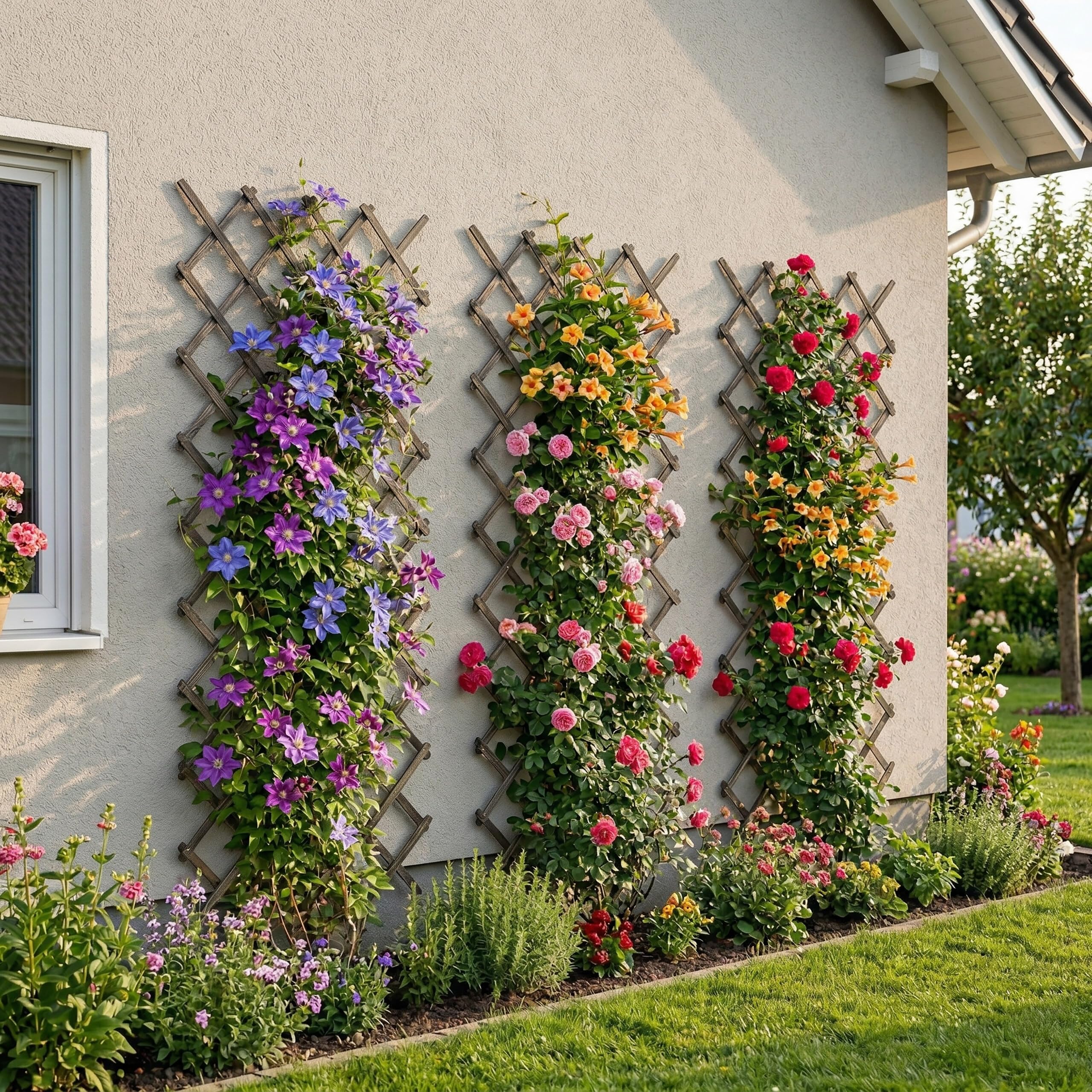 Treillis Extensible Relaxdays, Lot de 3, 310x90 cm, Bois, Fixation Murale, pour Plantes grimpantes, Finition brûlée