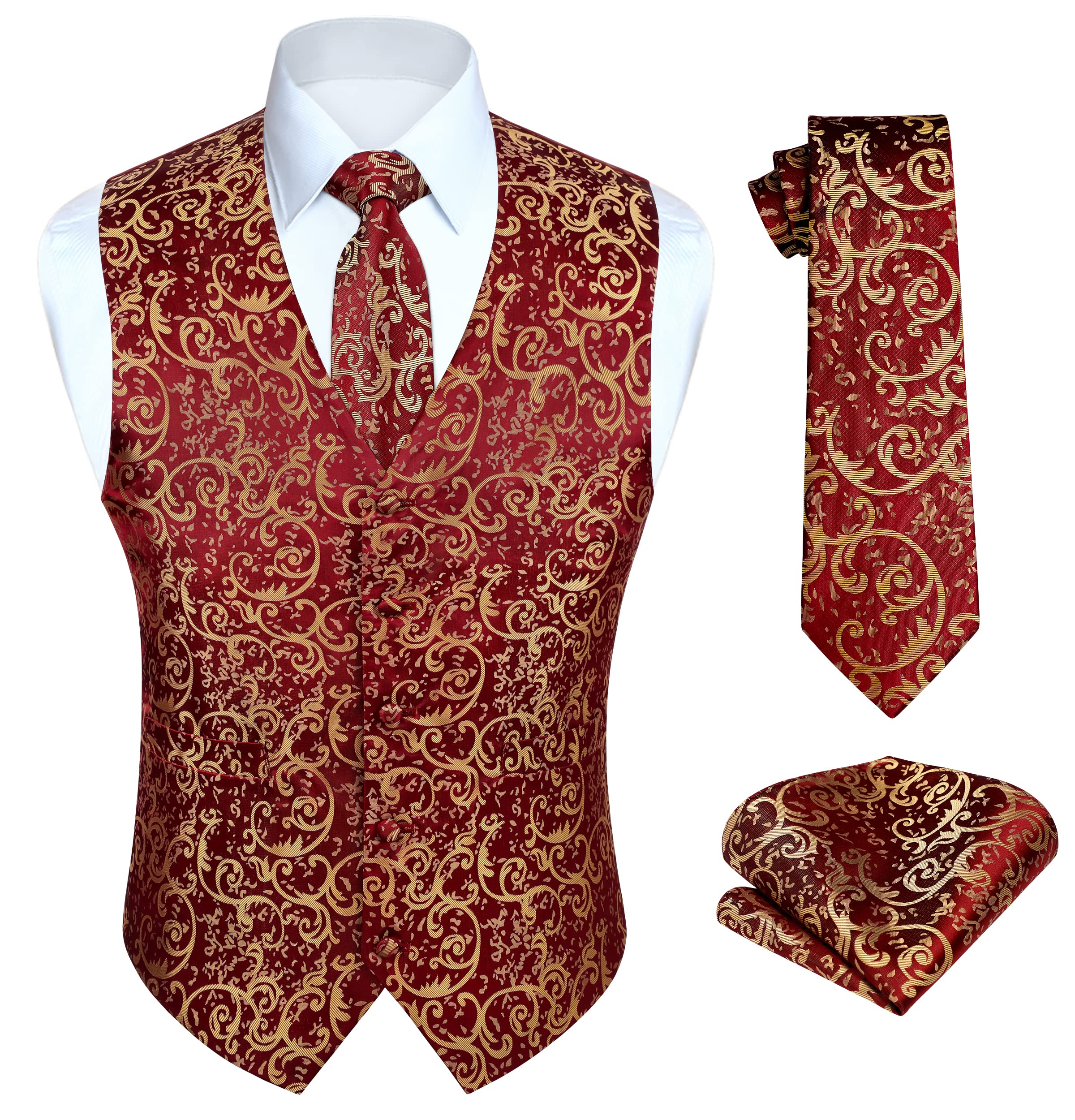 HISDERN Vest and Tie Sets for Men Vests Paisley Floral Jacquard Necktie Pocket Square 3PCS Waistcoat for Suit or Tuxedo