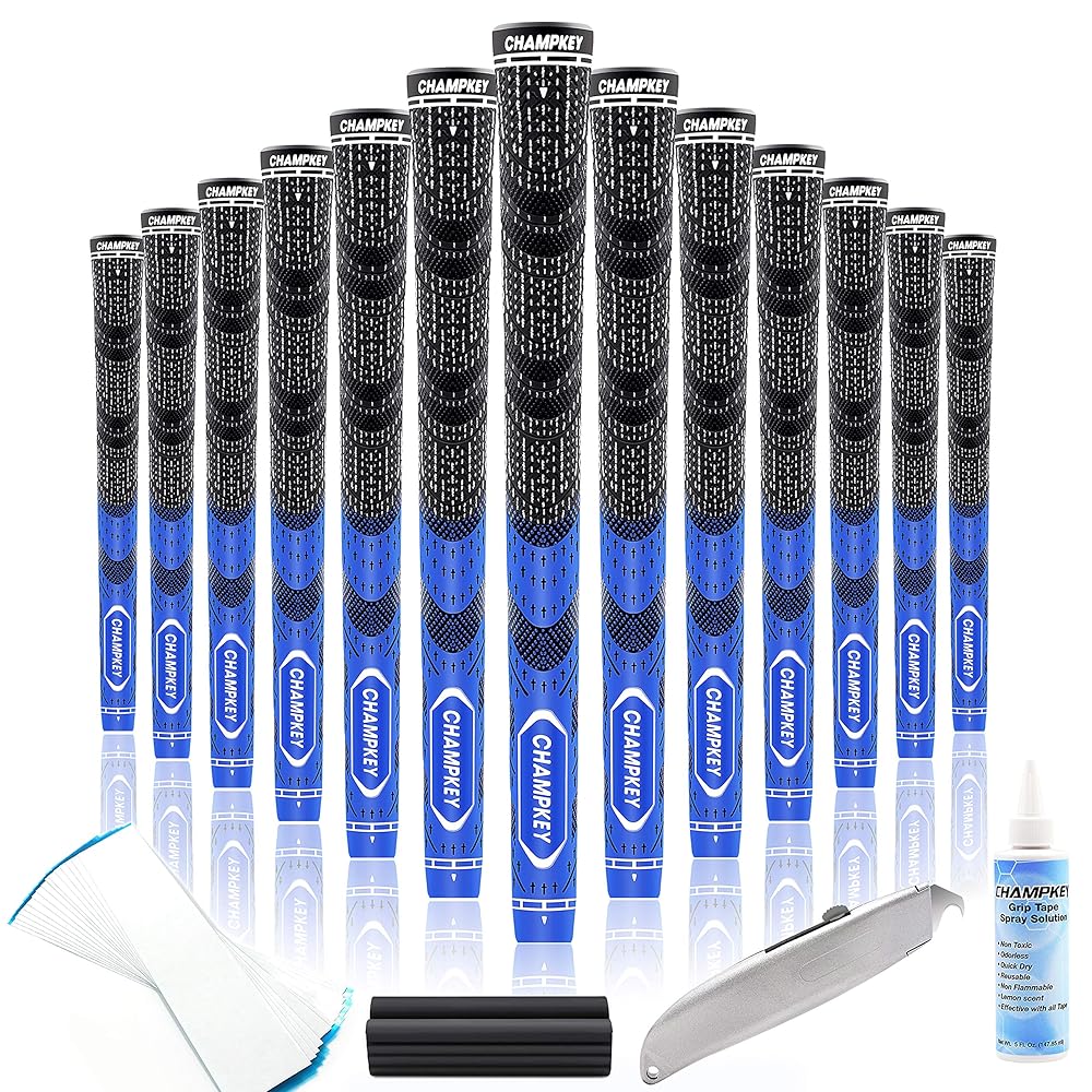 CHAMPKEY Premium Hybrid Golf Grips 13 Pack with All Repair Kits - All Weather Performance Golf Club Grips - High Traction and Control Half Corded Golf Grips for Men(Blue,Oversize)