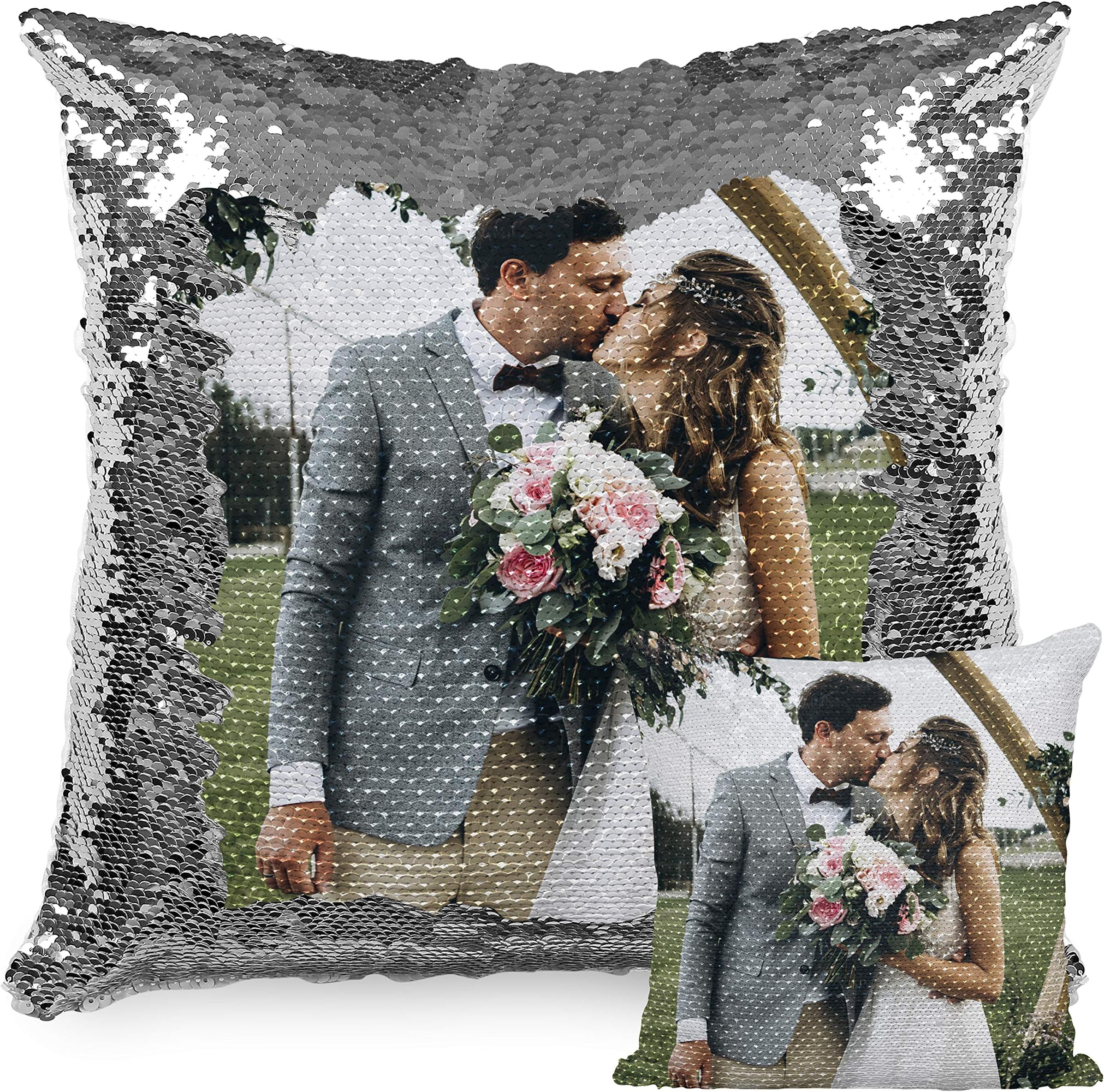 Photo Sequin Pillow Case - Magic Reversible Throw Pillowcases, Silver - Custom Sequin Pillow Cover for Couch with Any Picture - Decorative Cushion Pillow Case