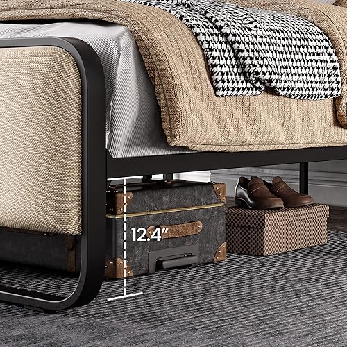 Miniatura 2 de SHA CERLIN Base de cama de metal de tamaño matrimonial con cabecera tapizada curvada y estribo base de cama de plataforma con almacenamiento debajo