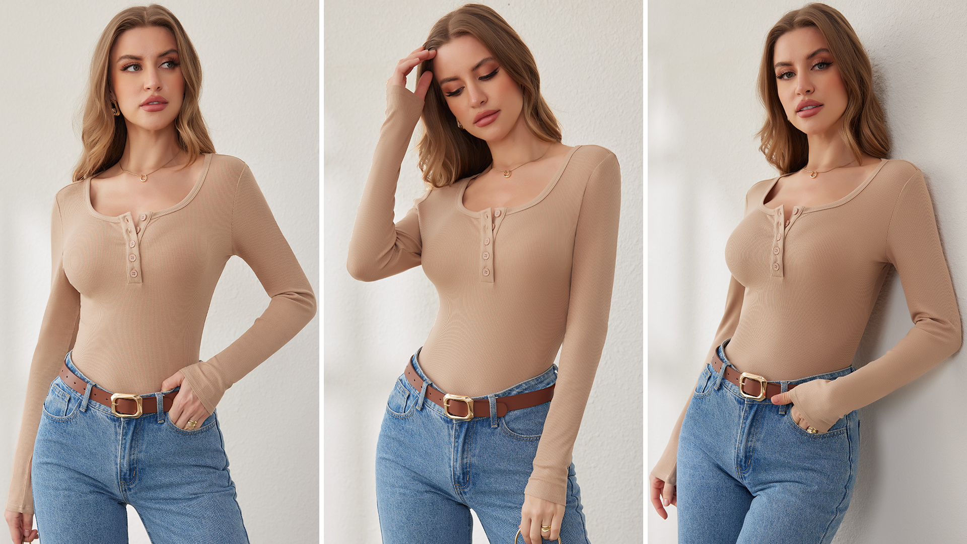 ANRABESS Women's Long Sleeve Henley Tops Ribbed Knit Slim Fitted