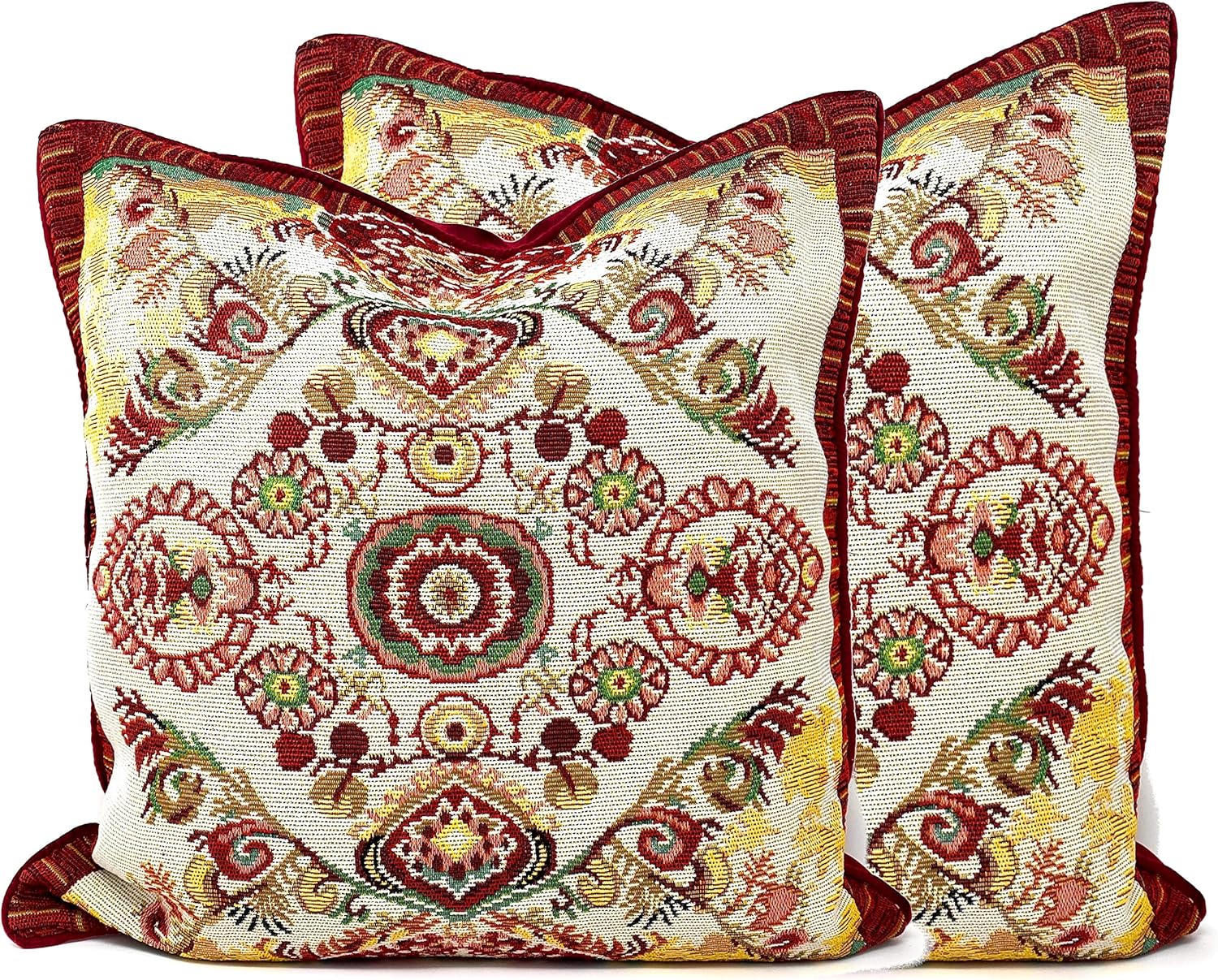 Tache 18x18 Rococo Elegant Ornate Burgundy Ivory Paisley Cotton Linen Tapestry Woven Throw Pillow Cover, 2-Pieces