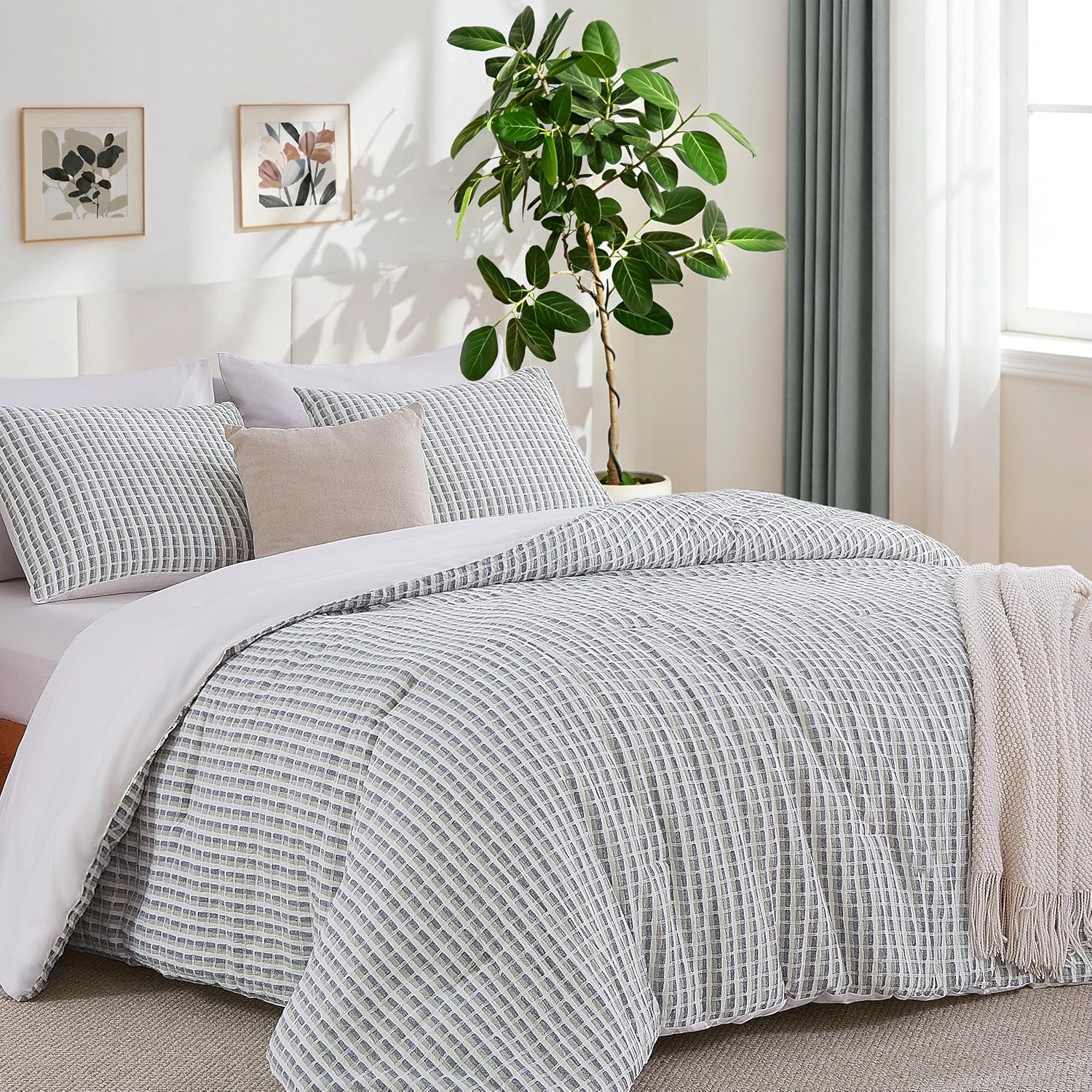 Oli Anderson 100% Cotton Waffle Comforter Set Queen Size, 3 Pieces Lightweight Breathable All Season Bed Comforter, Soft Skin-Friendly Blanket for Bedroom Guest Room, Machine Washable, Green