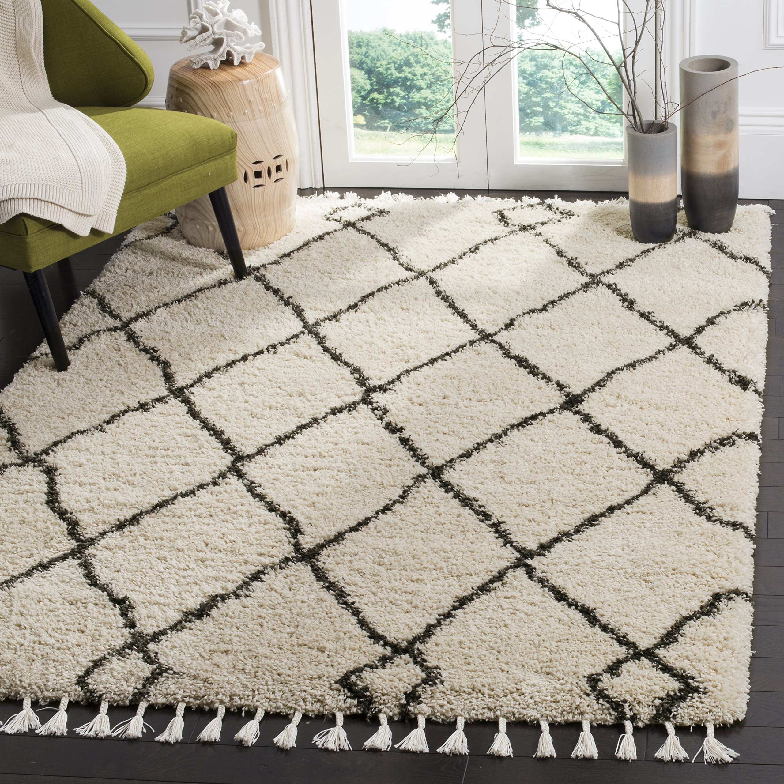 SAFAVIEH Area Rug 8x10 - Moroccan Fringe Shag Collection - Large - Cream & Charcoal, Boho Design, Non-Shedding & Easy Cleaning, Plush Thick Pile,