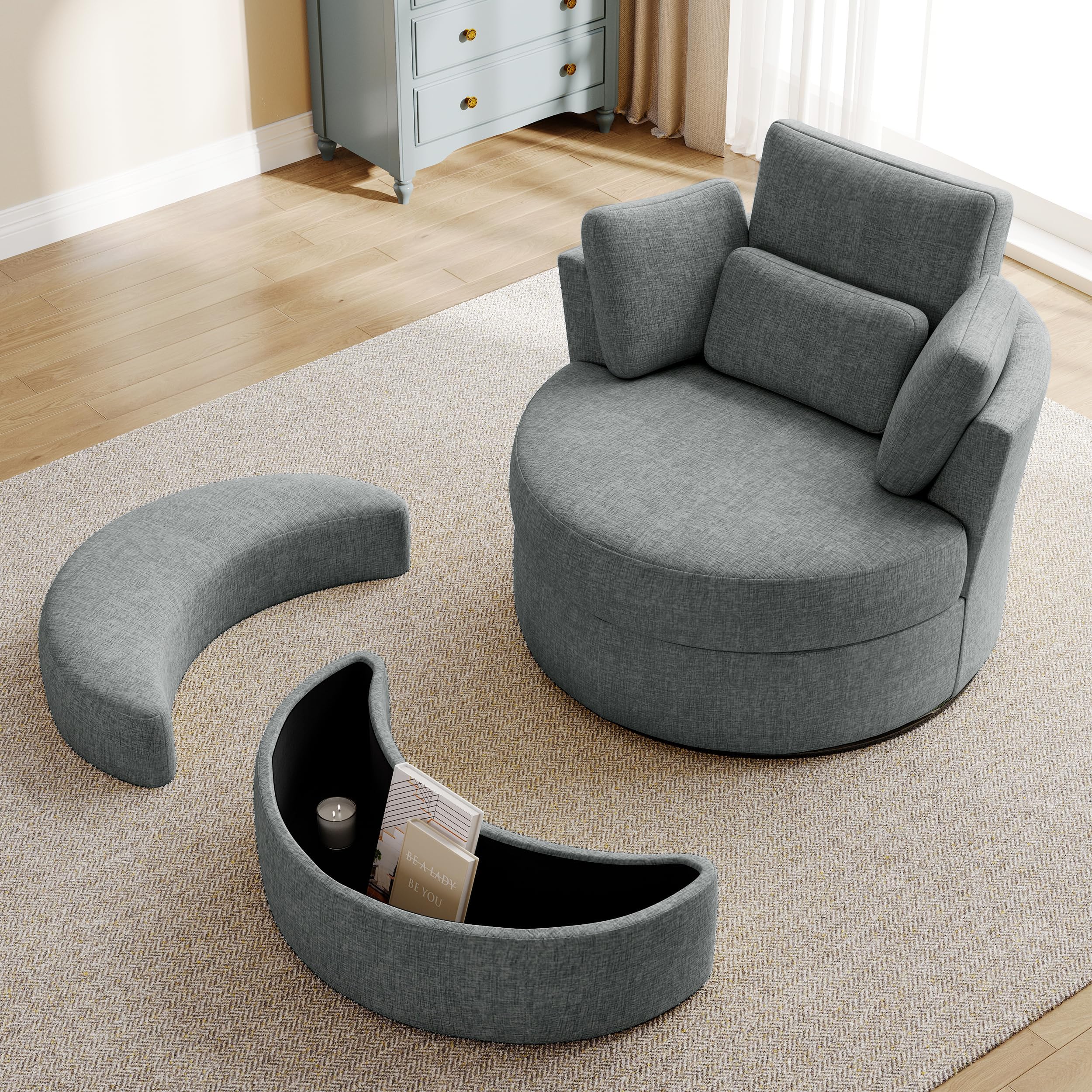 Swivel Accent Barrel Chairs with Storage Ottoman, Chaise Lounge Indoor with Removable Headrest, Oversized Sofa Chair for Living Room, Chenille Grey
