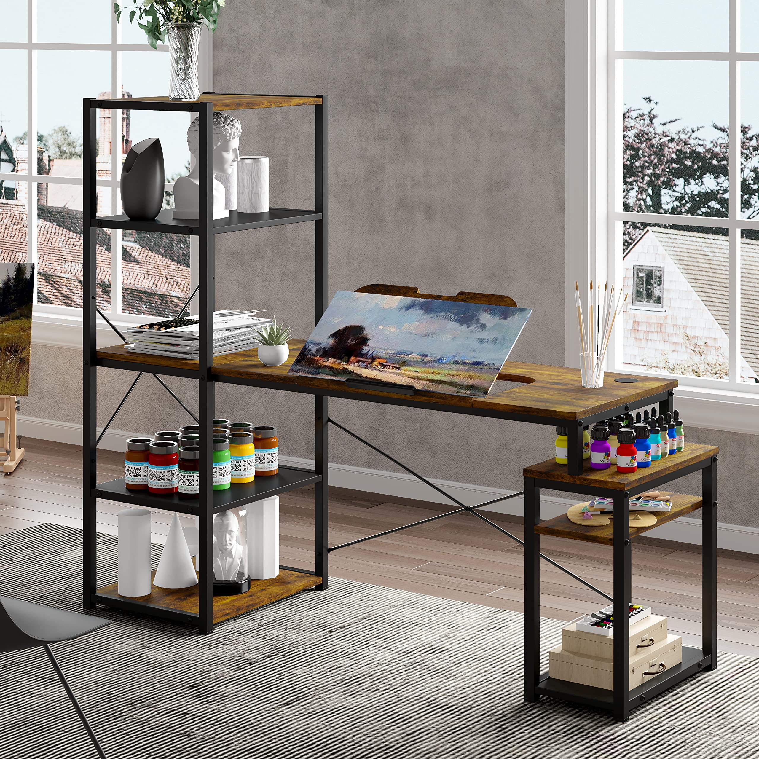SEDETA Drafting Table Desk for Artists, Computer Desk with 5-Tier Shelves & Bookshelf for Home Office, 64" Drawing Desk for Adults with Tiltable Tabletop, Art Desk with Storage, Rustic Brown + Black