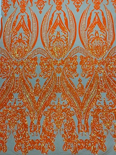 Miniatura 3 de The Yard - Diseño de damasco imperio con lentejuelas bordadas en una tela de malla elástica de 4 vías (naranja iridiscente sobre malla nude)