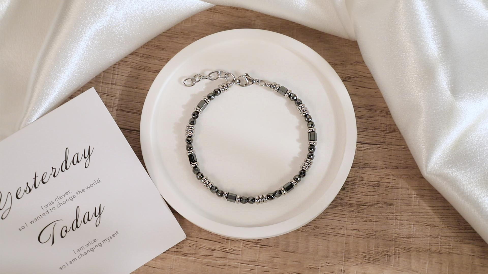 Pulsera de acero inoxidable para hombre con cuentas de ágata negra miniatura 7