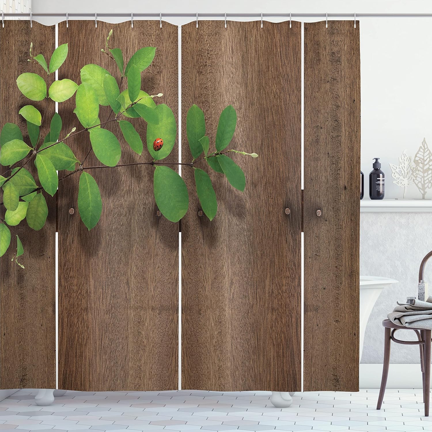 Ambesonne Ladybugs Shower Curtain, Ladybug on Fresh Green Leaves Wooden Planks Timber Hardwood Rustic Country Life, Cloth Fabric Bathroom Decor Set with Hooks, 69" W x 70" L, Green Umber