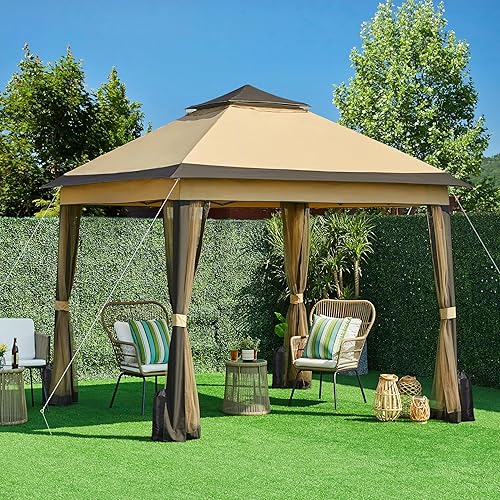 Miniatura 9 de Yaheetech Gazebo desplegable de 11 x 11 pies para exteriores, toldo para patio, glorieta emergente instantánea, toldo con doble nivel y red de