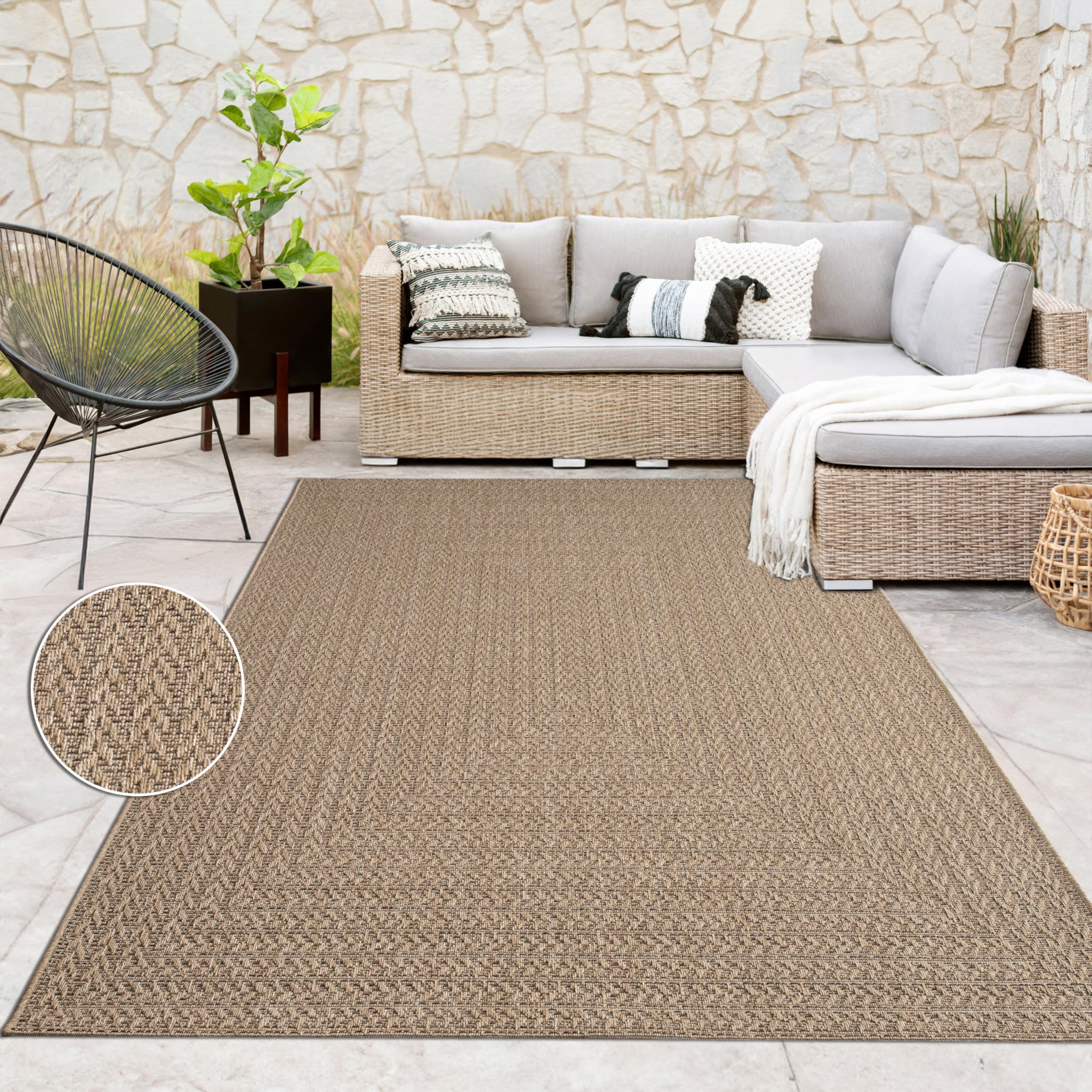 Paco Home Outdoor Teppich Wetterfest, moderner Jute-Look in natürlicher Sisal Optik, Robust, ideal für Terrasse Wohnzimmer & Küche, Grösse:240x340 cm, Farbe:Beige 3