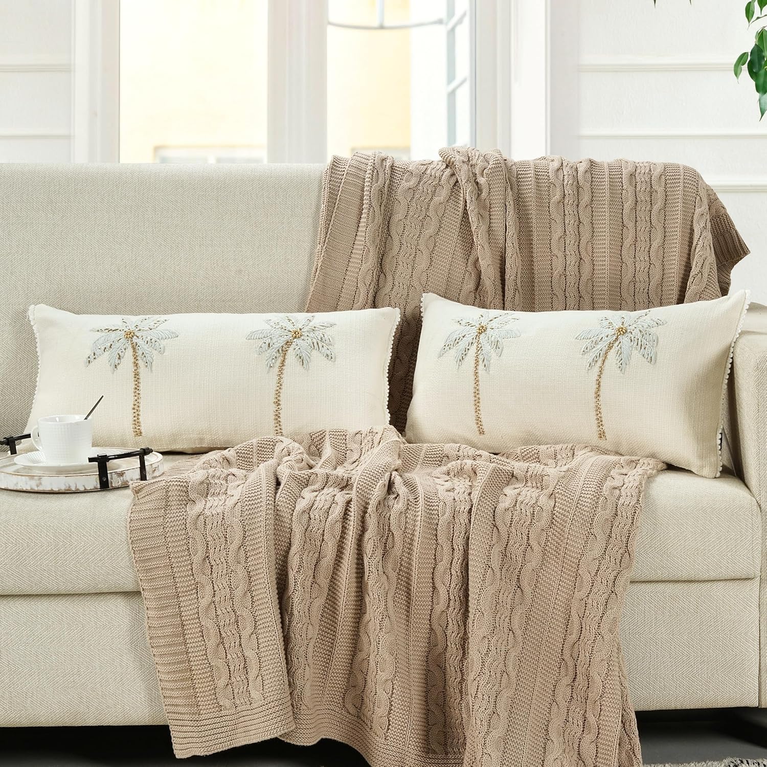 ZOMI Palm Tree Embroidered Lumbar Pillow Covers Set of 2, 12x24 Inch Cotton Decorative Throw Pillow Covers, Tropical Coastal Accent Cushion Cases for Sofa Couch Bed Living Room Decor (Palm Tree)