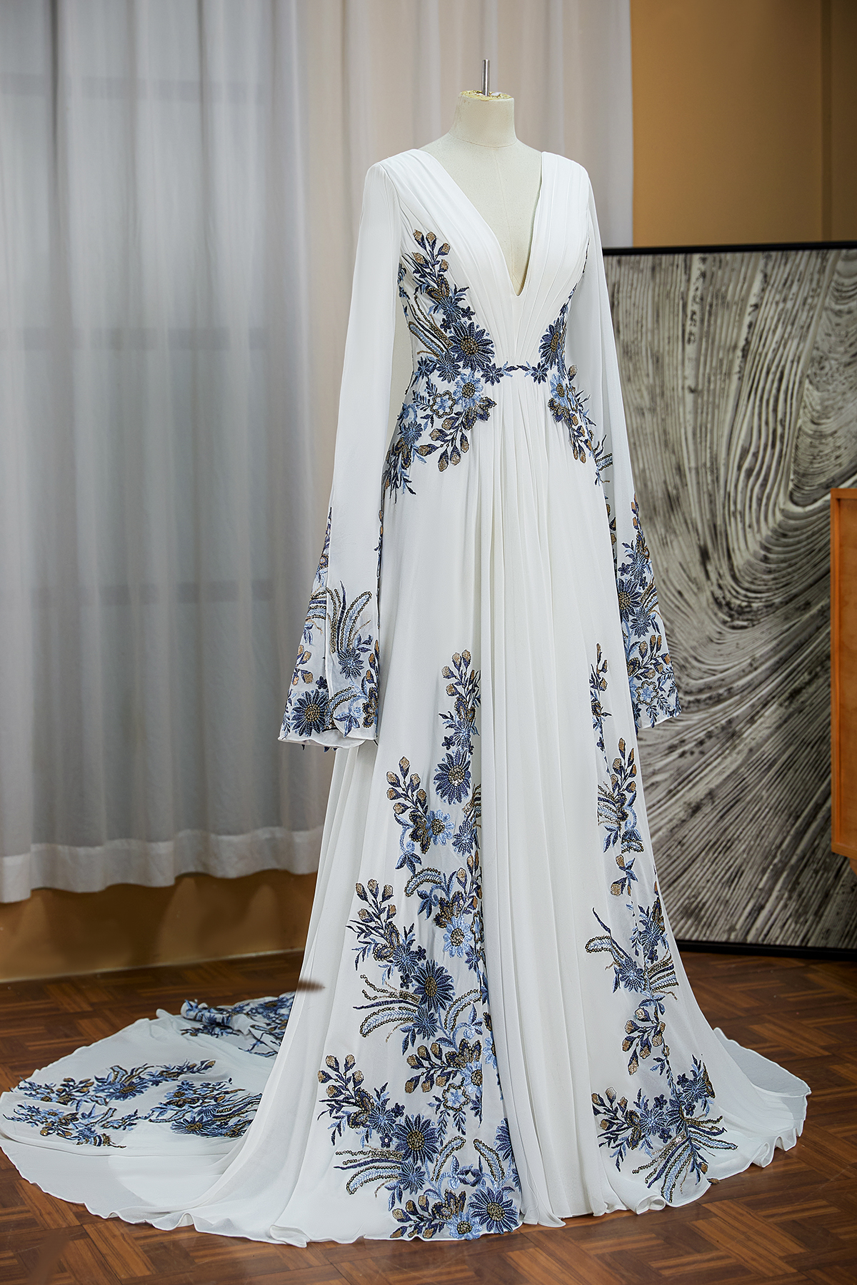 love triangle floral embroidered long sleeve dress in white A-Line V-Neck Court Train Tulle Cap Sleeve Wedding Dress COCOMELODY CW2358, 45 Days / As Picture:Ivory/Sand / US4-UK6-EUR34 main image 1