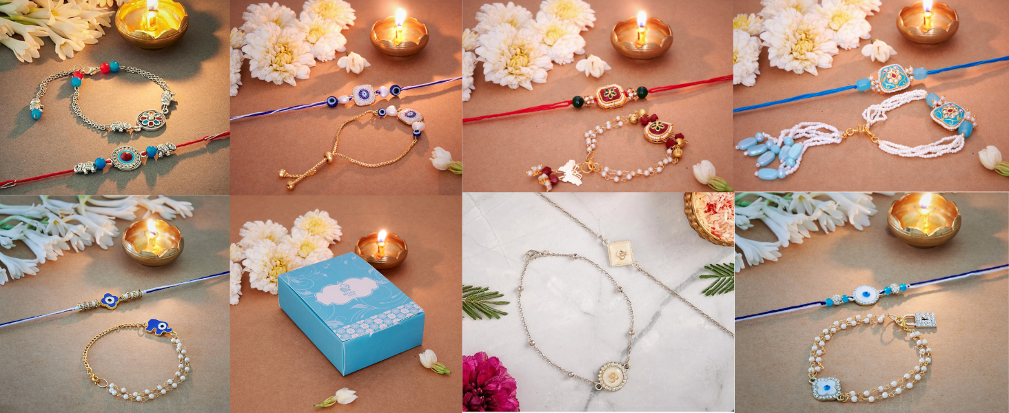 I Jewels Indian Festival Designer Bhaiya Bhabhi Hanging Lumba Rakhi Combo Set For Rakshabhandan Special For Men (R015W-CO) (White