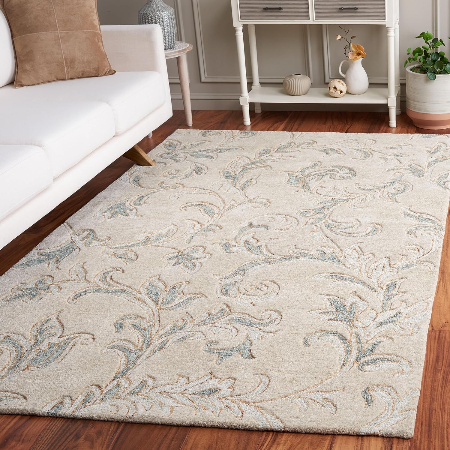 SAFAVIEH Jardin Collection Area Rug - 3' x 5', Beige & Grey, Handmade Wool, Floral Design, Ideal for Living Room, Bedroom, Dining Room (JAR328B-3)
