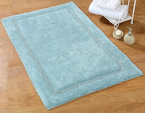 Saffron Fabs Alfombra de baño 100 % algodón suave, tamaño 36 x 24 pulgadas, parte trasera antideslizante en aerosol, color azul ártico sólido, borde