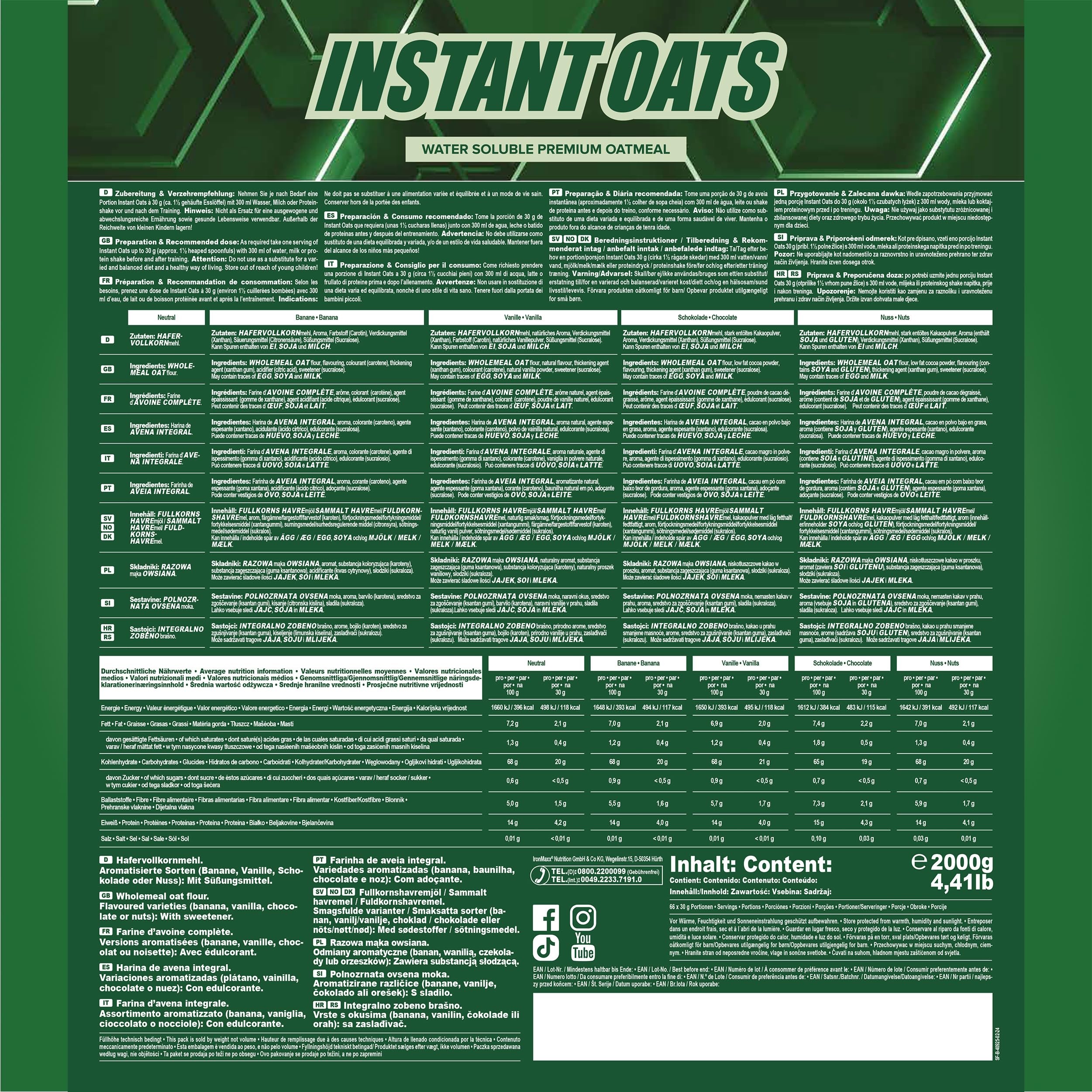 IronMaxx Instant Oats płatki owsiane – neutralny worek 2000 g | naturalny wegański gainer | niski poziom cukru i bez substancji konserwujących