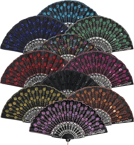 Miniatura 3 de BABEYOND 8pcs Abanico de Mano Plegable Vintage Bordado con Lentejuelas Abanico Plegable de Mano Abanico Plegable de Tela para Boda Baile Fiesta