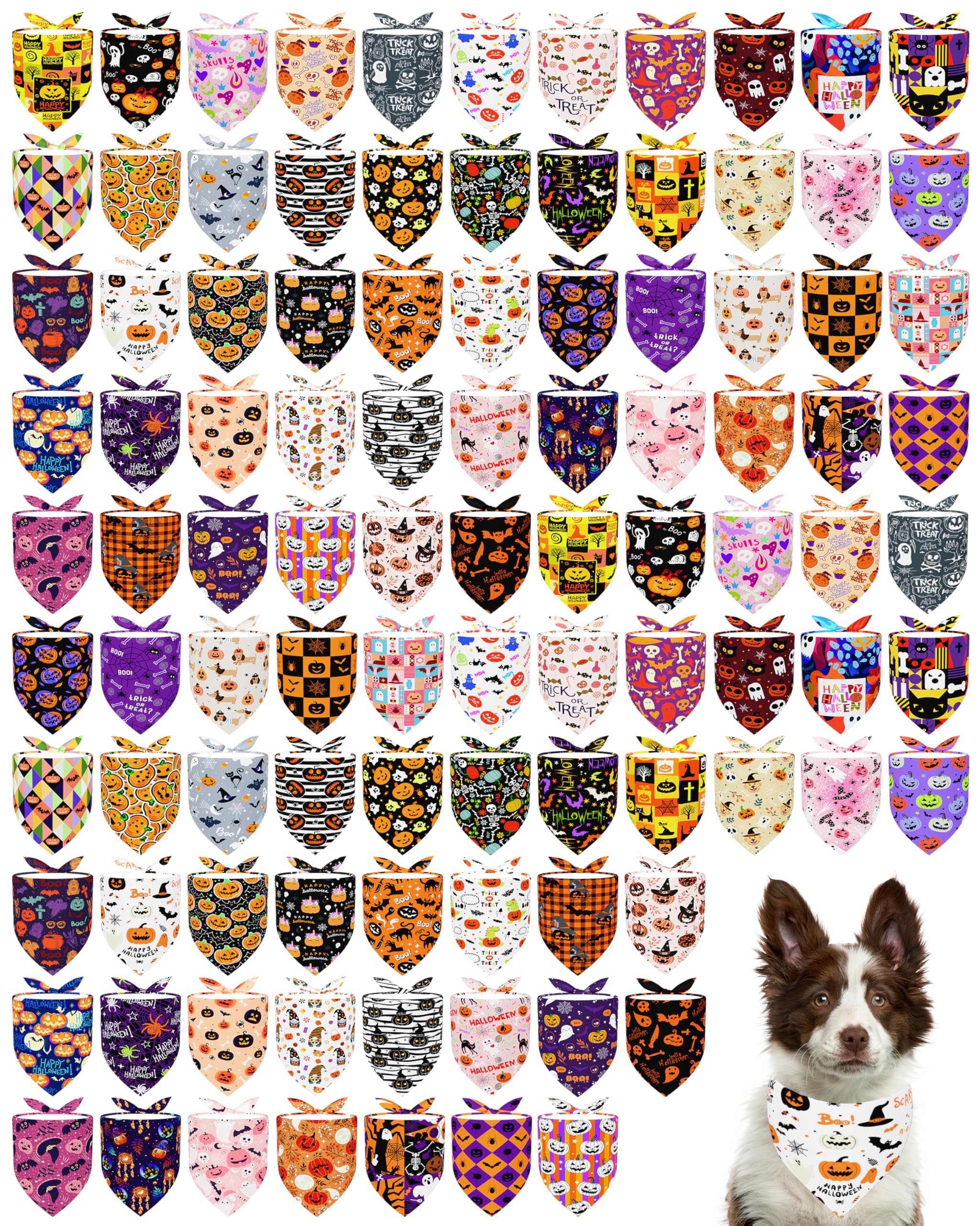 PET SHOW 100 Pack Halloween Dog Bandanas Bulk No Stitching for Large Dogs