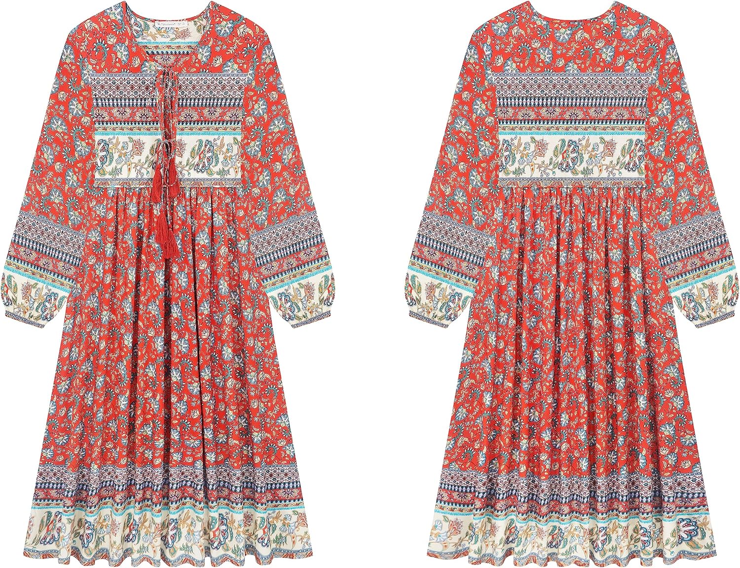 R.Vivimos Women's Long Sleeve Floral Print Retro V Neck Tassel Bohemian Midi Dresses - Image 6