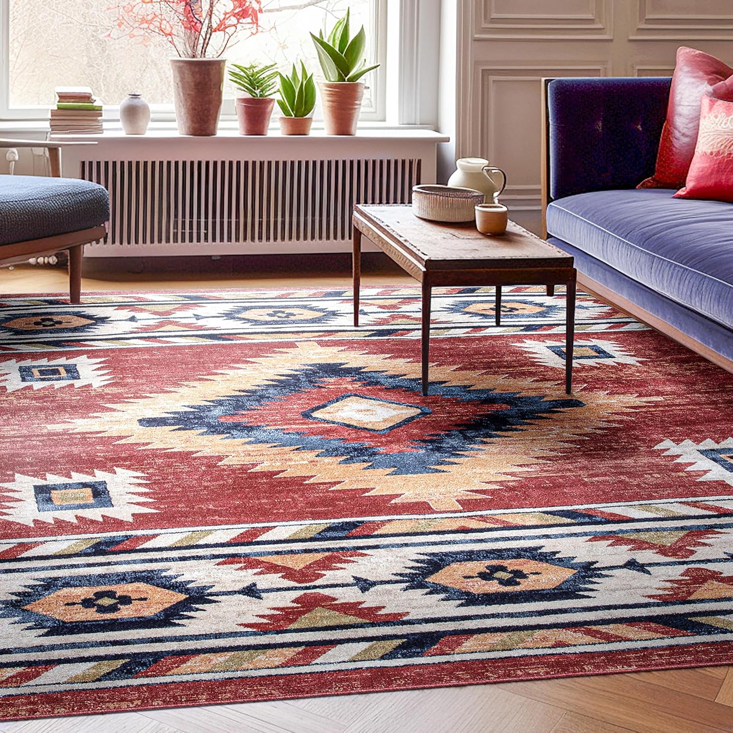 Tribal Elegance Crimson Red Synthetic 5'3" x 7'3" Easy-Care Area Rug