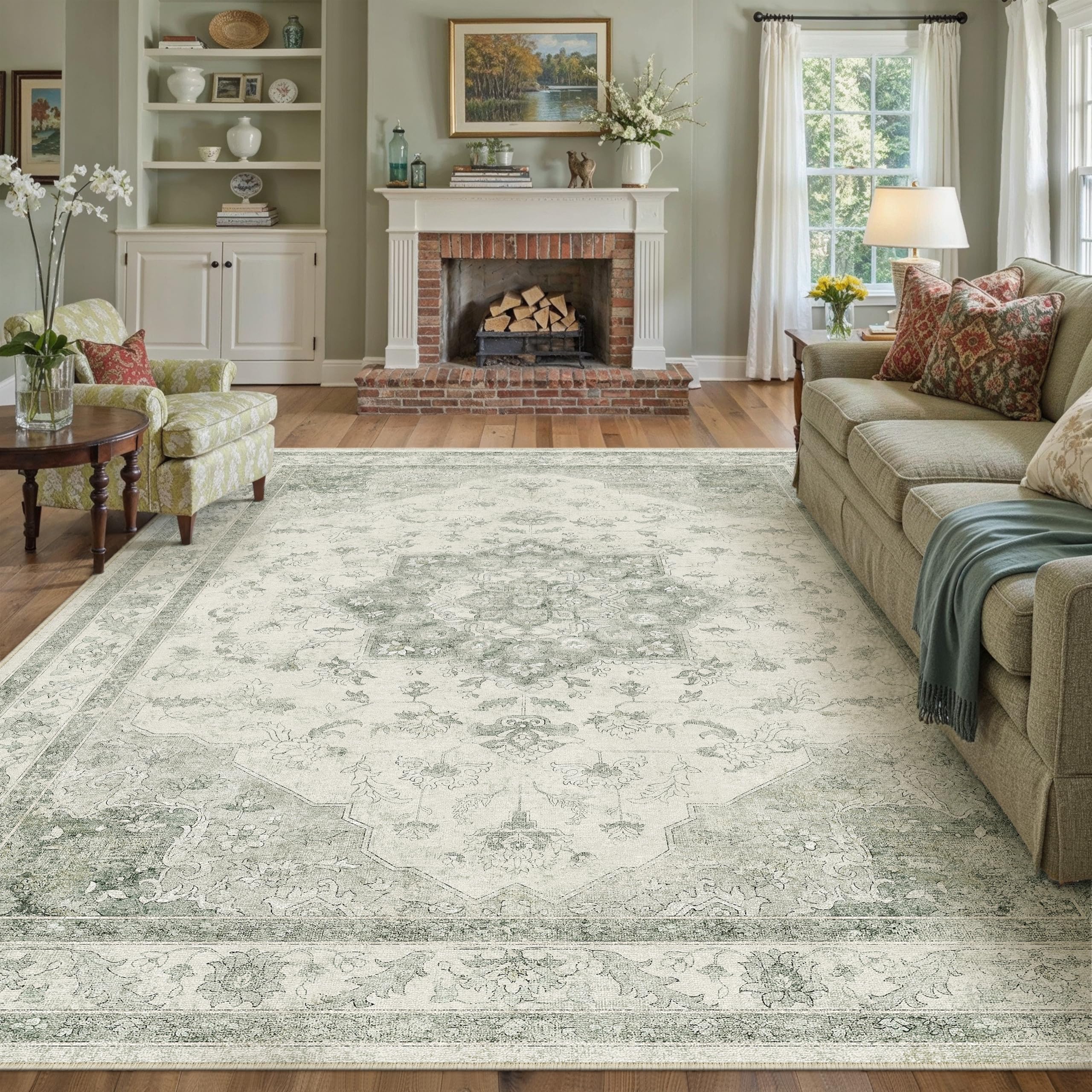 purecozy green area rug 8x10 washable living room carpet vintage non slip soft bedroom indoor office retro low pile thin oriental medallion large rug for dining room playroom
