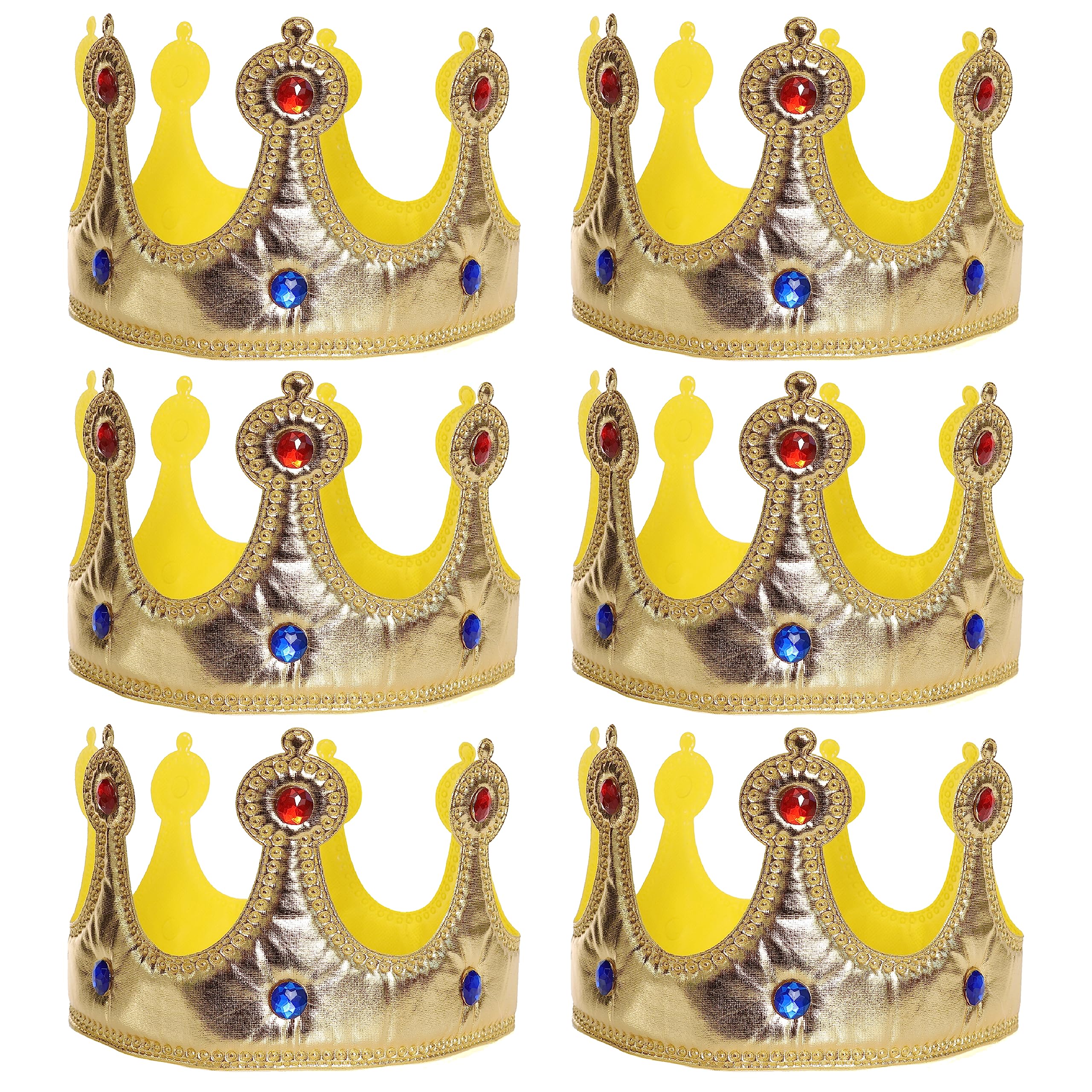 Soft Jeweled Crown - Gold Crown, With Blue and Red Jewels - Perfect for Royal Fancy Dress Events, King or Queen Dress Up and Other Fancy Dress Events - Pack Of 3