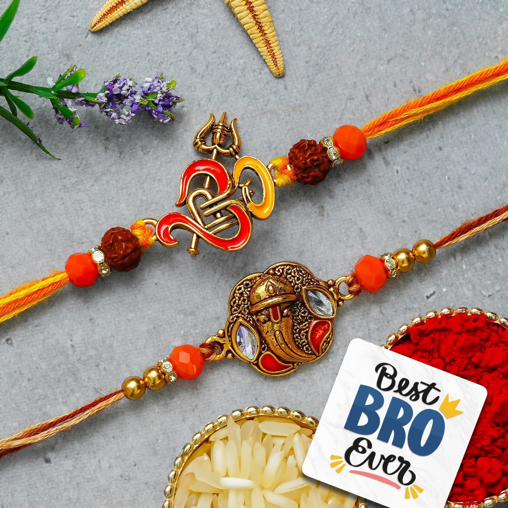 eCraftIndia Set of 2 Om Trishul Rudraksha Ganesha Rakhis | Best Bro Ever Fridge Magnet | Roli Chawal Pack | Designer Rakhi for Brother Bhaiya Bhai Bhabhi Kids