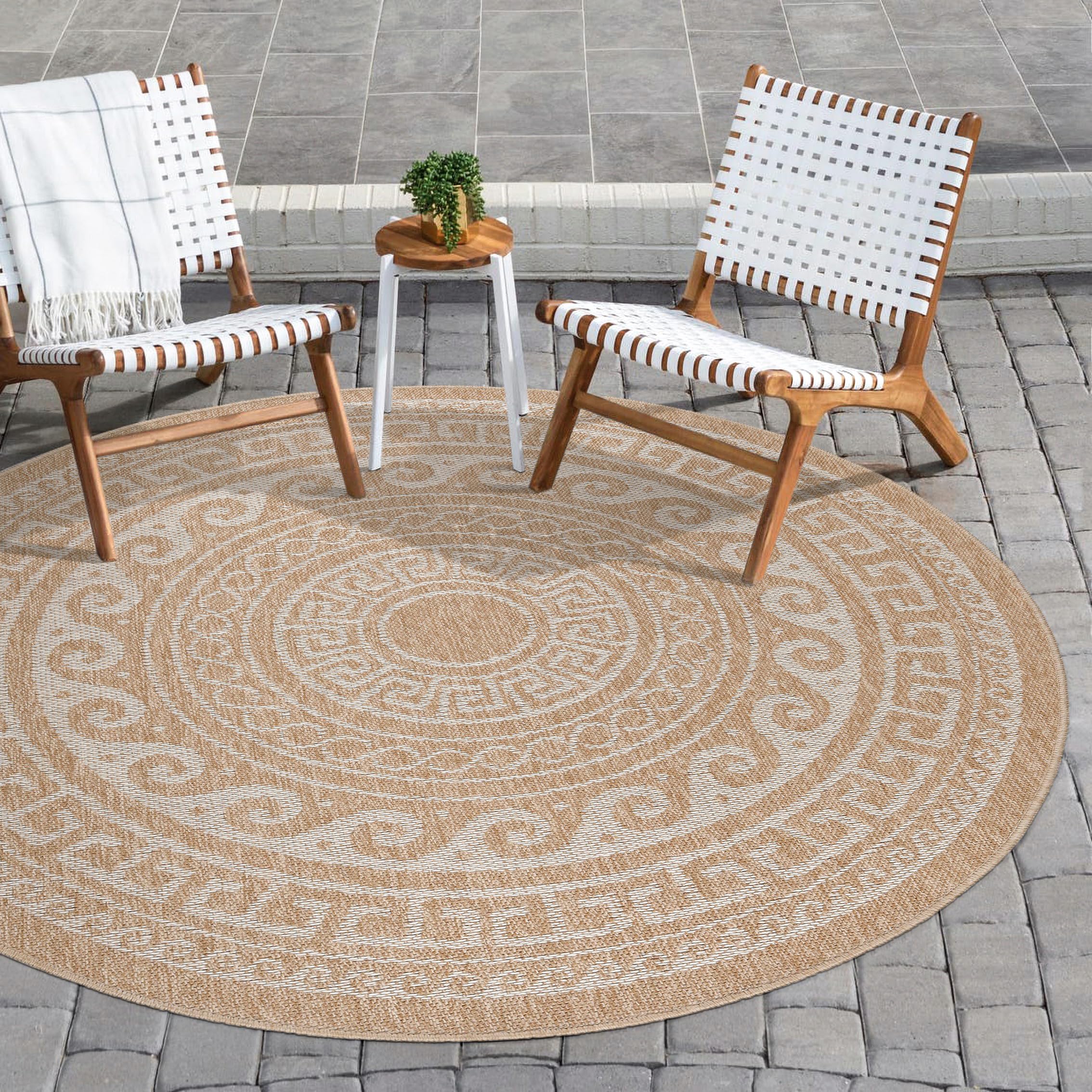 Carpettex Tapis Intérieur & Extérieur Résistant aux Intempéries 200 cm Rond Beige-2 - Tapis de Balcon, Aspect Sisal et Jute Conception d'époque - Tapis Cuisine, Lavable Jardin Camping Patio