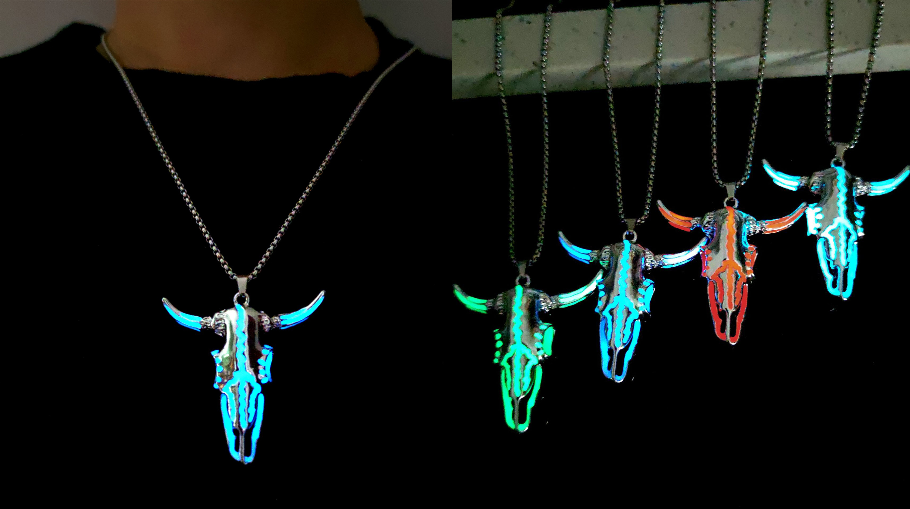 Hewill Western Necklace Luminous Ox Bull Skull Head Horn Necklace 