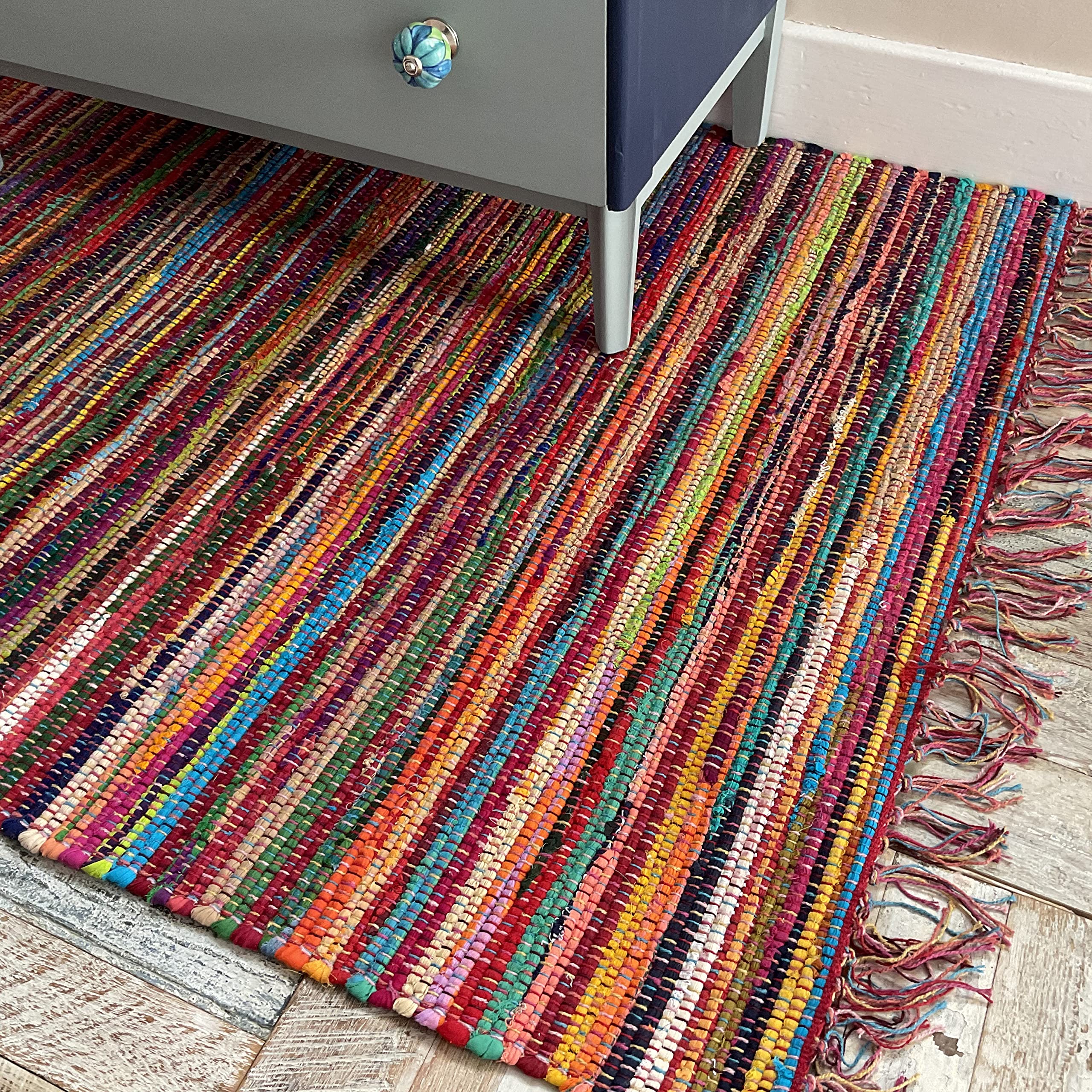 Second Nature Online Festival Small Eco Friendly Multi Colour Stripe Fringed Rag Rug Hand Woven with Recycled Fabric Strips 60 cm x 90 cm - Image 2