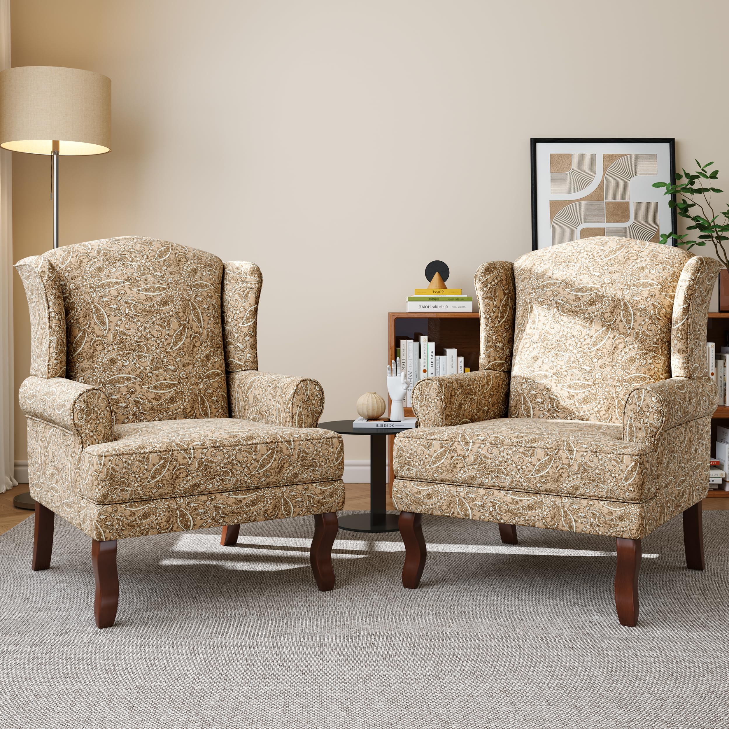 UIXE High Back Floral Accent Chairs Set of 2, Upholstered Armchair in Fabric with Solid Wood Legs, Retro Arm Chair Comfy Single Sofa Reading Seat for