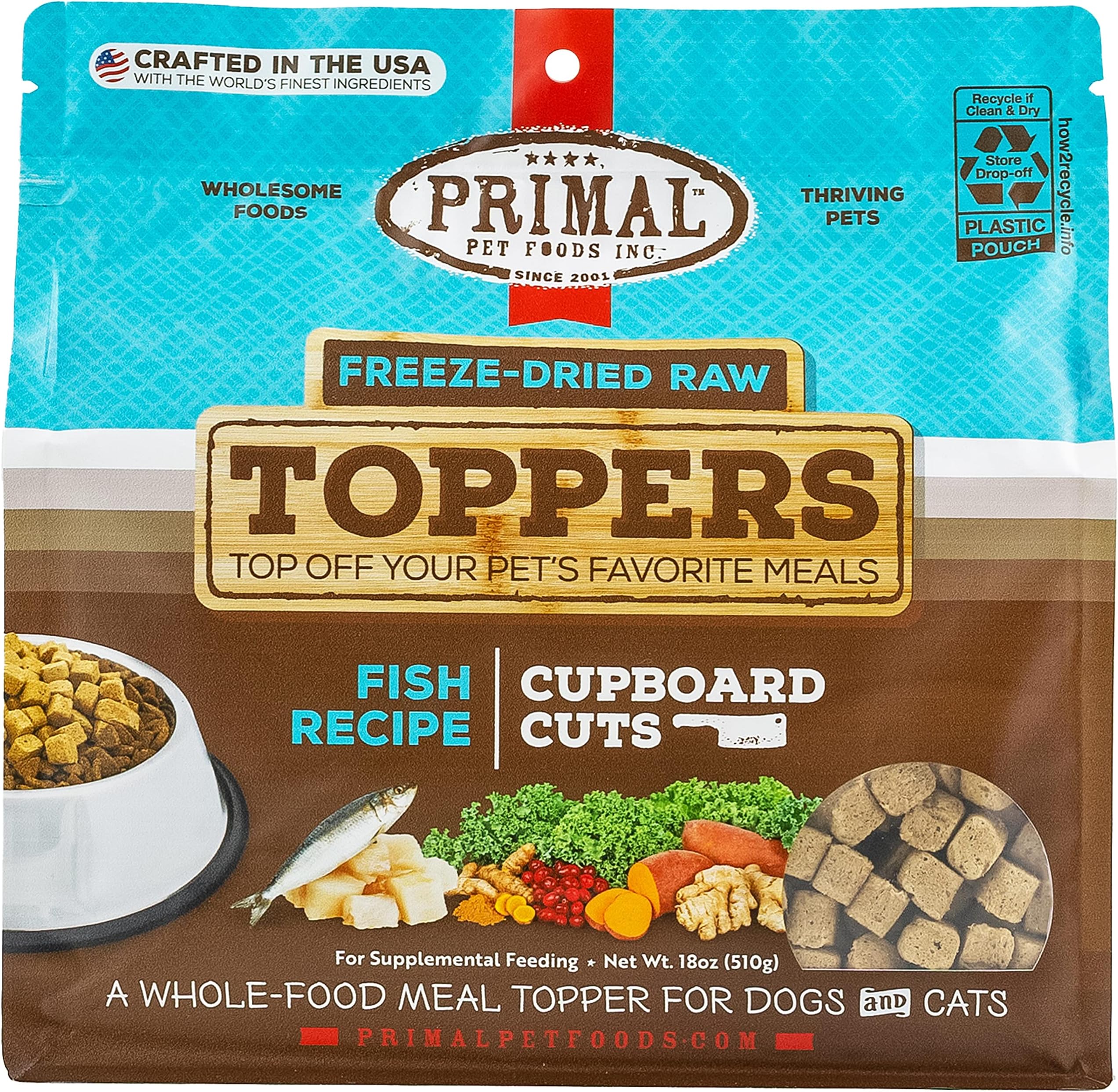 Primal Freeze Dried Raw Dog Food Topper & Cat Food Topper, Cupboard Cuts; Grain Free Meal Mixers with Probiotics, Also Use as Freeze Dried Dog Treats & Cat Treats (Fish, 18 oz)