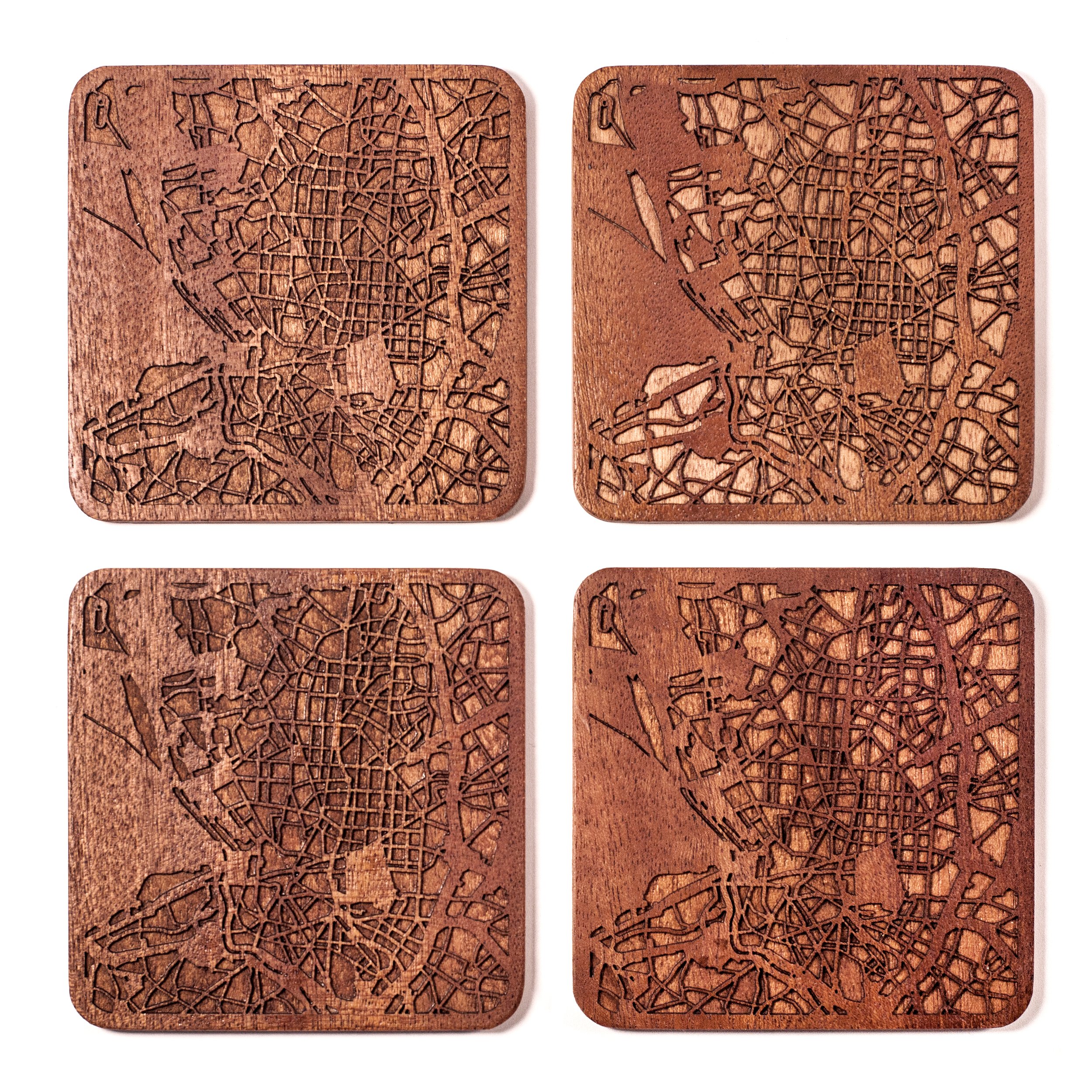 Madrid Map Coaster, Set Of 4, Sapele Wooden Coaster With City Map, Handmade