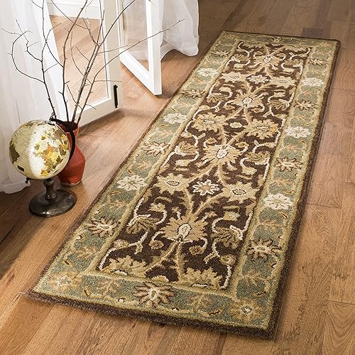 SAFAVIEH Antiquity Collection - Alfombra de pasillo, 2.3 x 8 pies, chocolate y azul, hecha a mano, lana oriental tradicional, ideal para zonas de