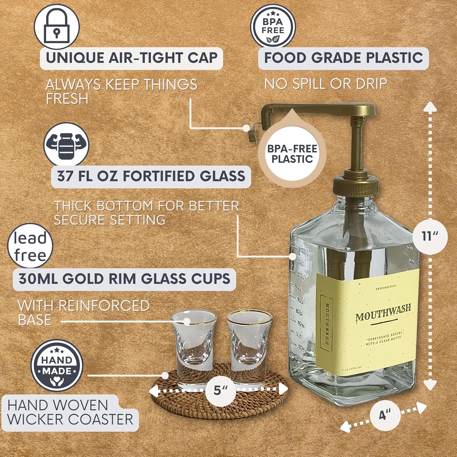 eBun Goldengleam Glass Mouthwash Dispenser (Gold Plastic Pump) 37oz Mouthwash Pump Dispenser, Mouth Wash Holder with Rinse Cup, Mouth Wash Glass Bottle, Decanter, Large Bottle for Bathroom Set