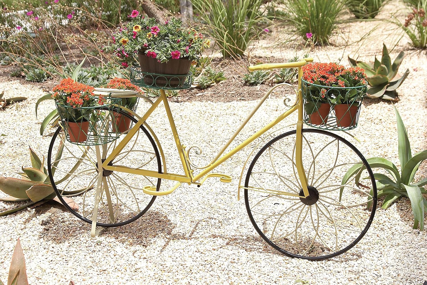 Yellow Iron Bicycle Plant Stand with Baskets and Saddle Bags
