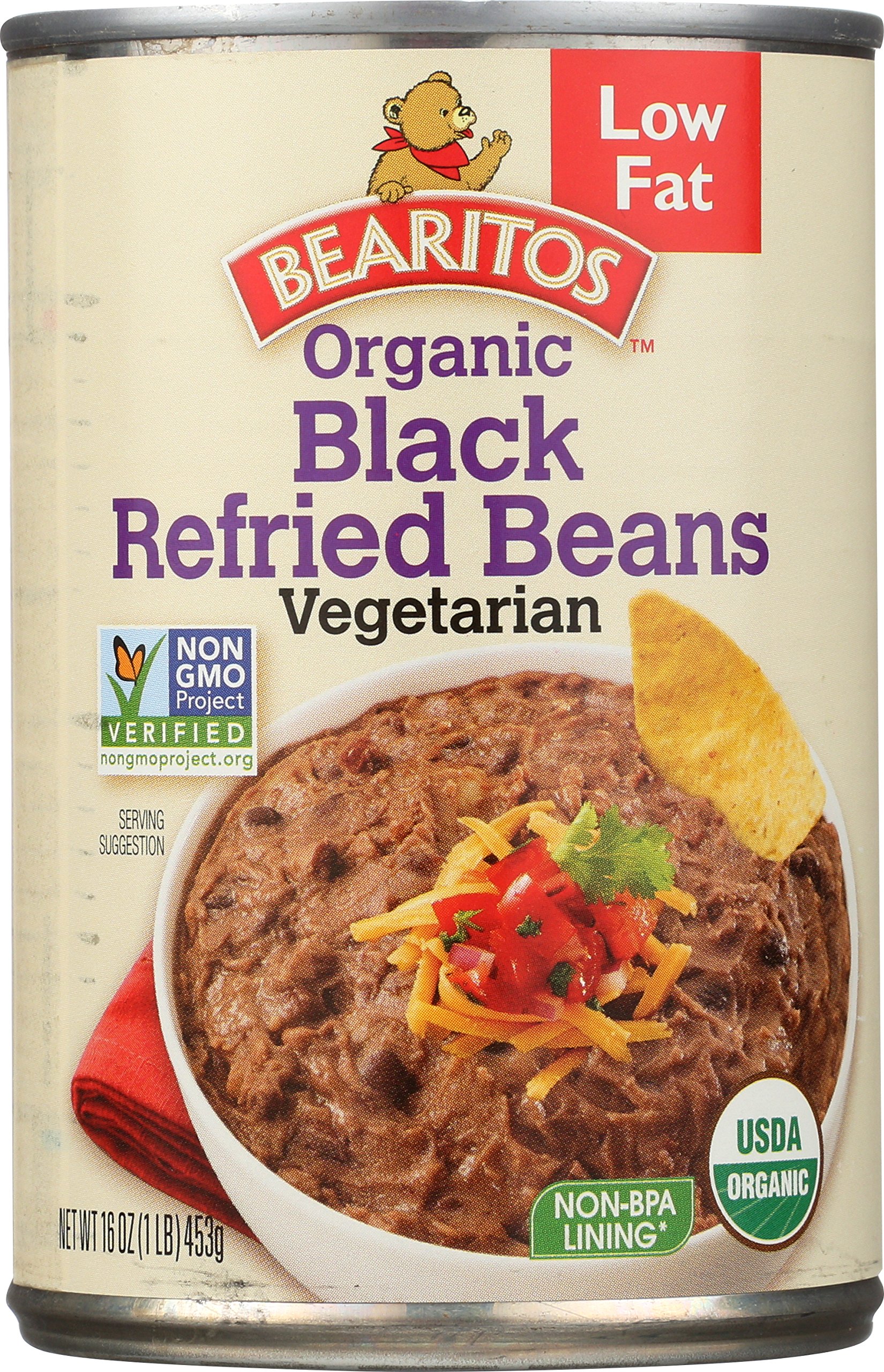 Bearitos Organic Low Fat Black Refried Beans, 16 Oz (Pack of 12)