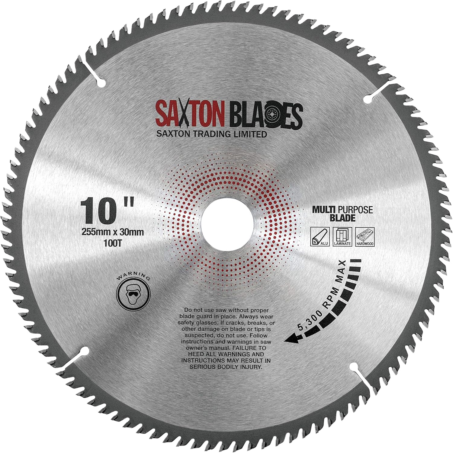 TCT255100TTCG Saxton TCT Circular Saw Blade 255mm x 100T x 30mm Bore (16, 20, 25mm and 25.4mm ring) Aluminium Laminate Hardwood