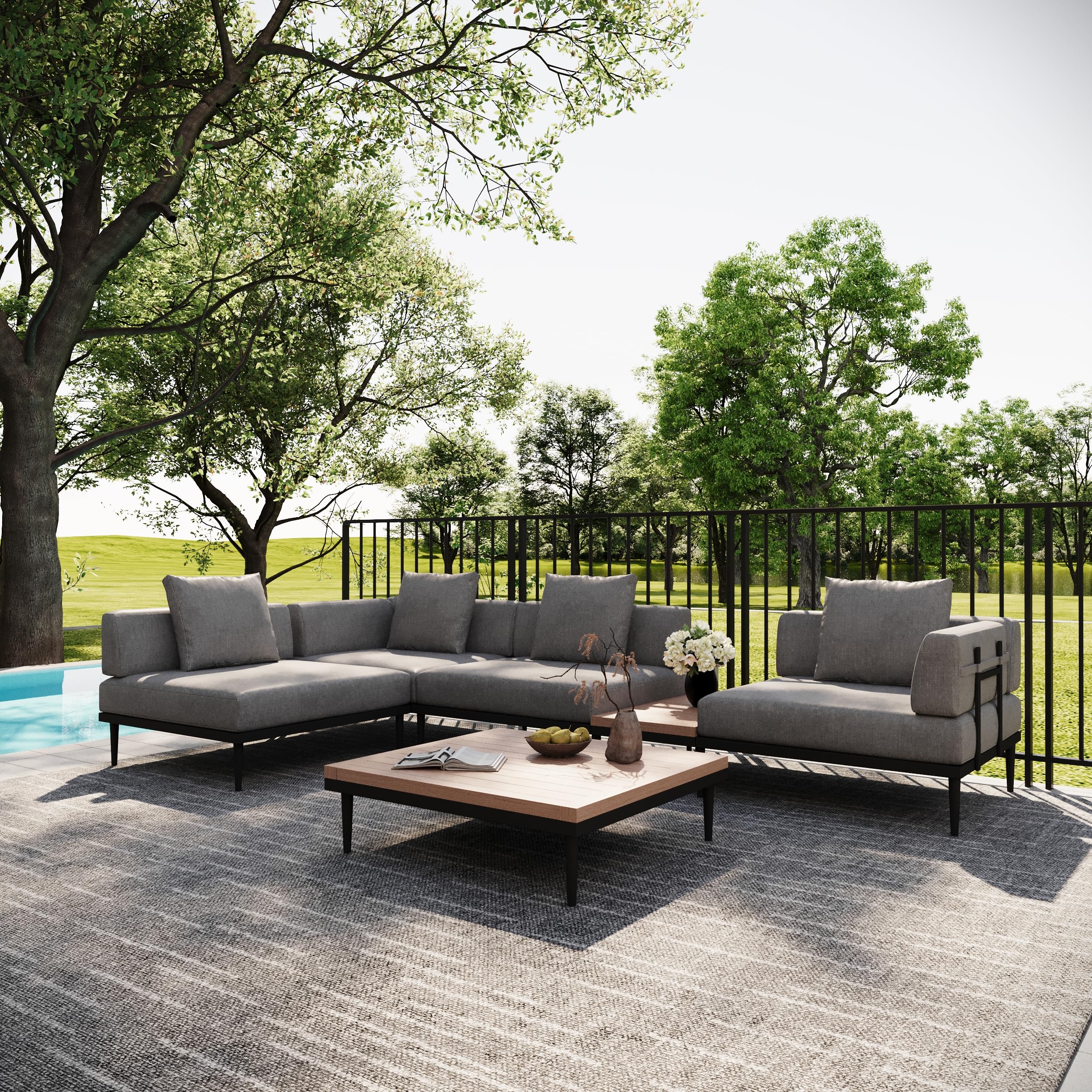 Acanva Modular Outdoor Patio Sectional Sofa, All-Weather Free Combination L-Shaped Balcony Couch with Side Table, Grey, 4 Seater + 1 Side Table