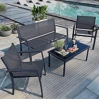 Shintenchi 4-Piece Gray Outdoor Patio Conversation Set - All-Weather Breathable Textile Loveseat, 2 Chairs & Glass Coffee Table