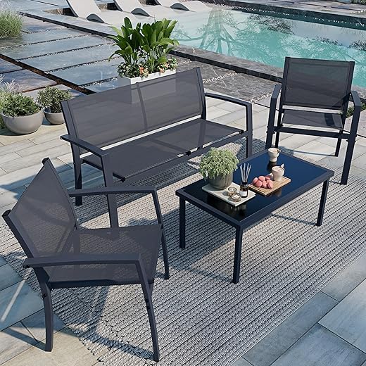 Shintenchi 4 Pieces Patio Furniture Set All Weather Textile Fabric Outdoor Conversation Set, with Glass Coffee Table, Loveseat, 2 Single Chairs for Home, Garden, Lawn, Porch（Black）
