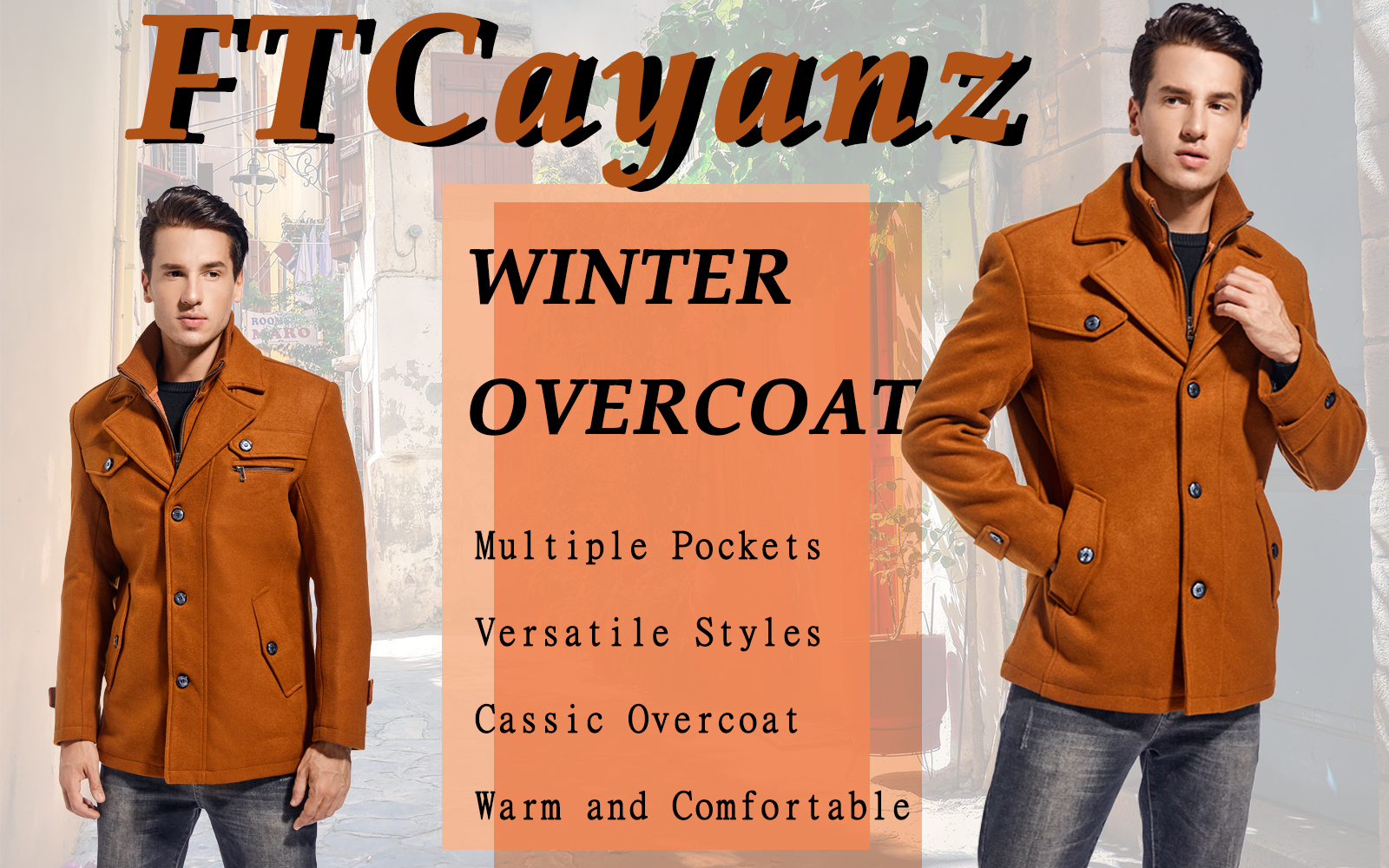 FTCayanz Men's Wool Coat Winter Slim Fit Pea Coats Single Breasted