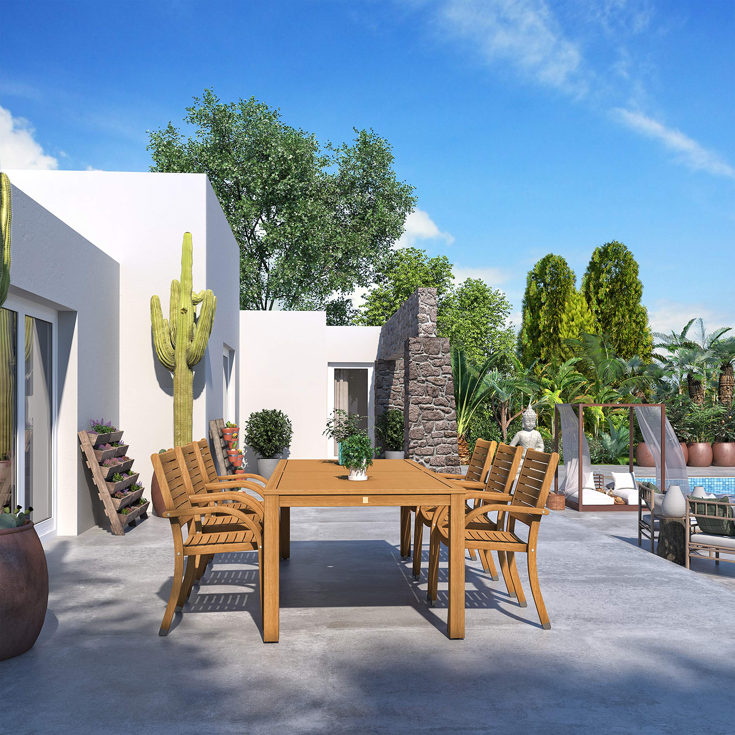 Brampton Patio Brampton Winslow 7-Piece Outdoor Rectangular Dining Table Set Ideal for Patio and Indoors, Light Teak Finish