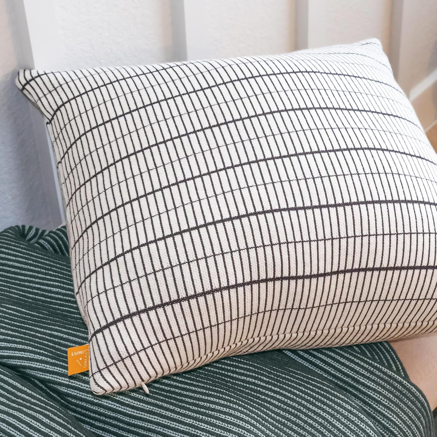 18x18 Premium Throw Pillow Cover – 100% Cotton Knit, Soft Textured Decorative Cushion for Sofa, Bed, or Chair (Soft Black Small Grid Design)