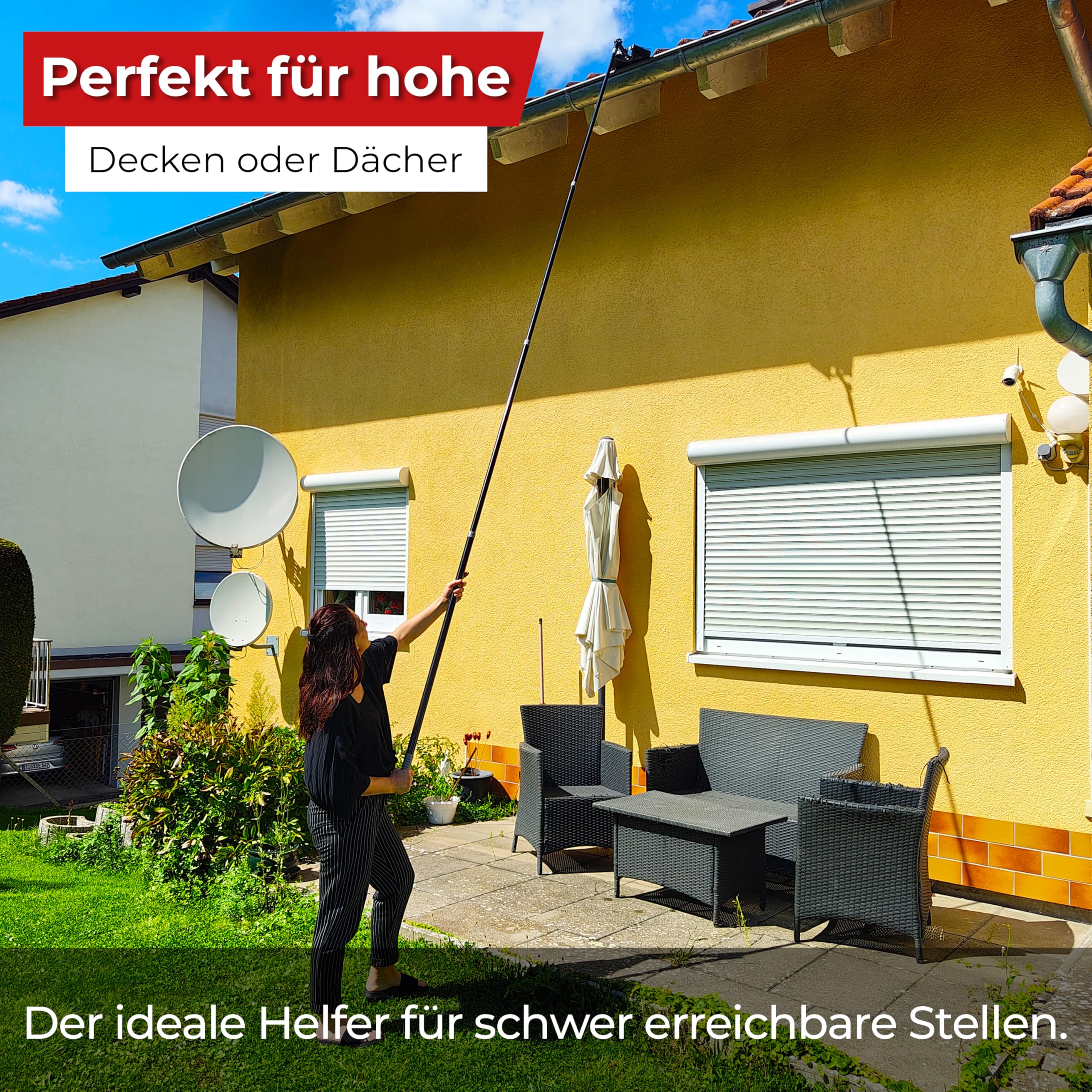 PROLUXE® Dreiecksbesen mit Teleskopstiel - Ausziehbar bis 4,10 m - Robuster PET Besen - Ideal für Ecken, Wände & Decken - Deutsche Marke - Premium Qualität - Spinnenfeger & Staubfeger
