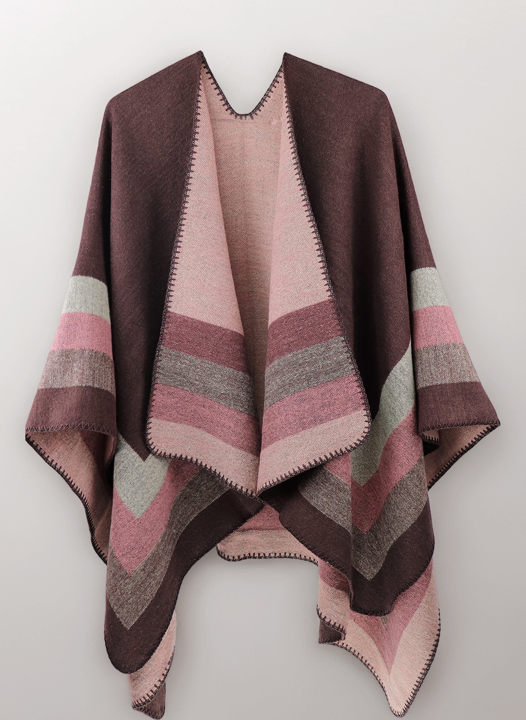 Womens Reversible Oversized Poncho Cape Blanket Shawl Cardigans (One Size, Stripe/Coffee)